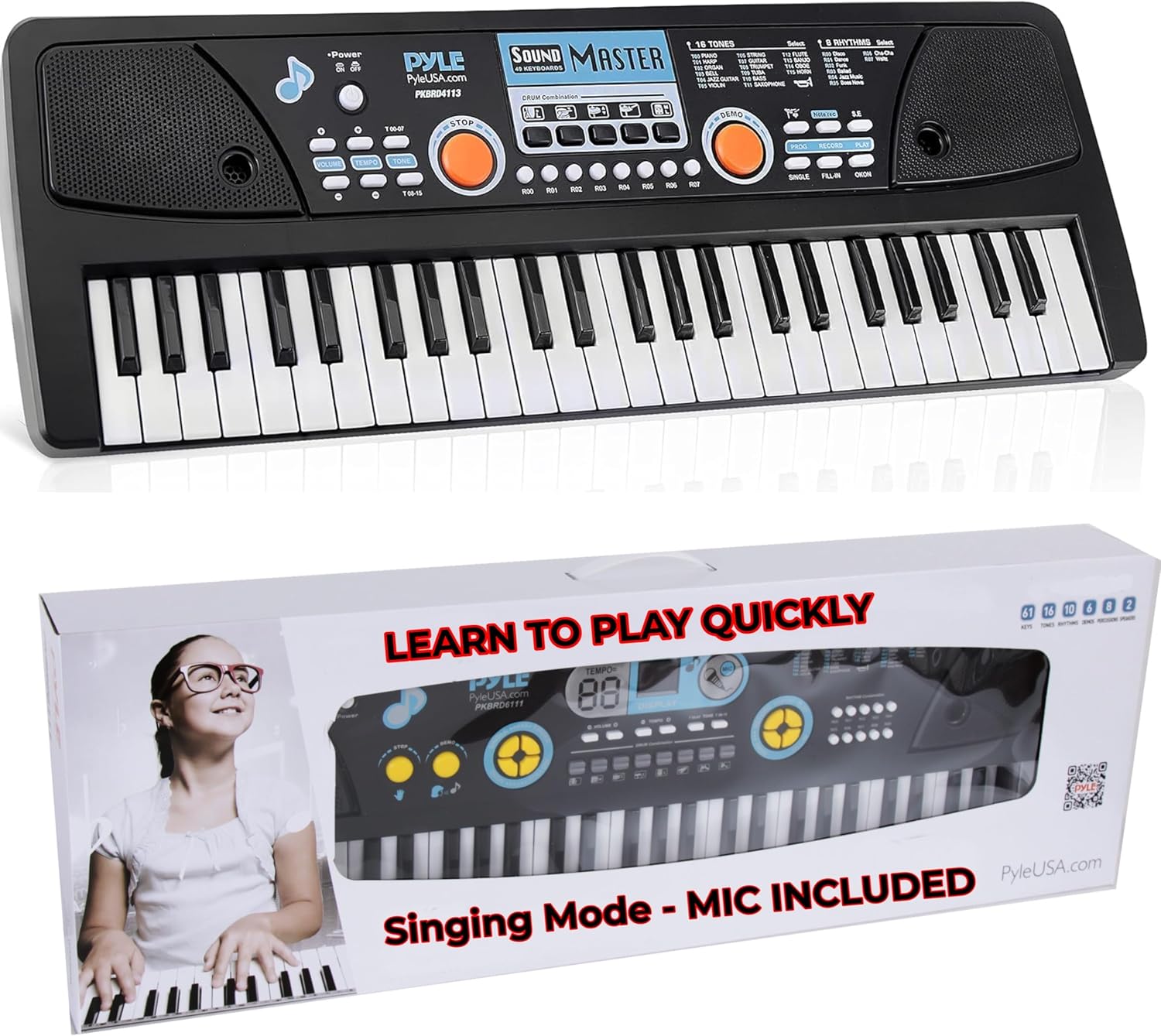 Pyle, Electric 49 Keys-Portable Digital Musical Karaoke Piano Keyboard-8 Rhythms 16 Tones, Stereo Speakers, Rechargeable Battery-Wired Microphone-Beginners Kids PKBRD4113 Black, Compact