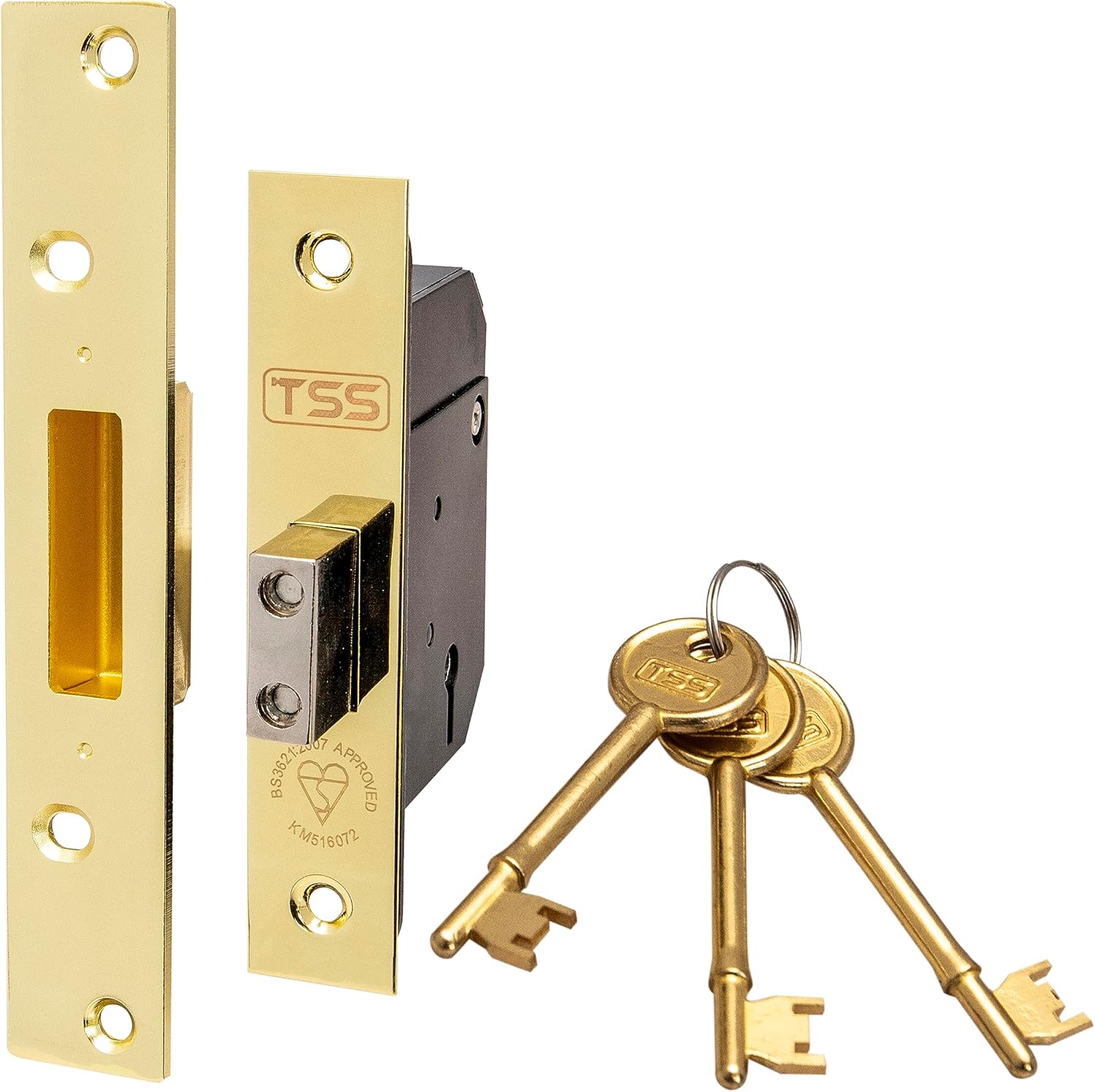 TSS High Security 5 Lever British Standard Mortice Deadlock with 3 Keys and Fixings, 2.5" (68mm) Polished Brass, Insurance Approved for External Doors, British Standard BS3621:2007