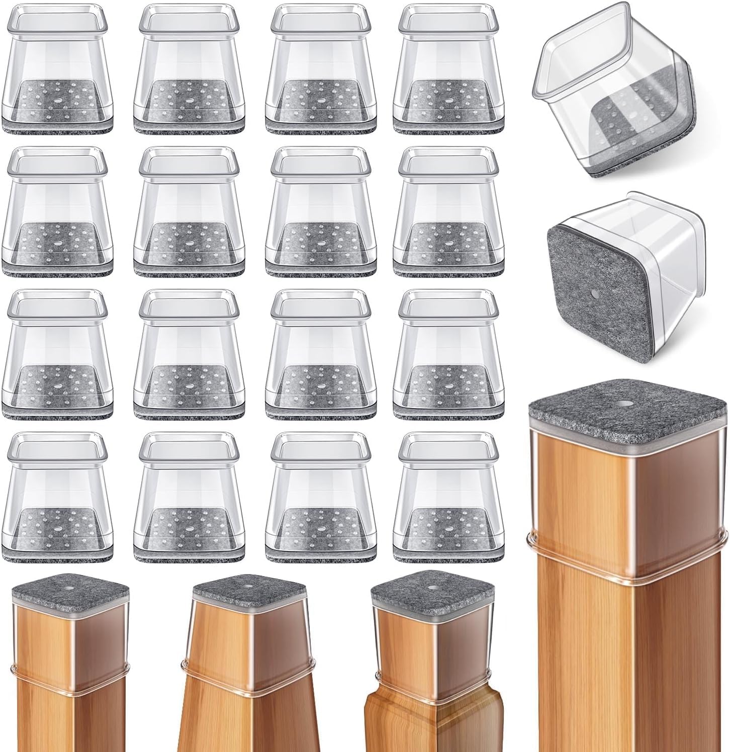 24 Pcs Chair Leg Floor Protectors Square, Silicone Felt Furniture Leg Pads Caps Covers for Hardwood Floors (Fit:1-1/16" to 1-5/8")