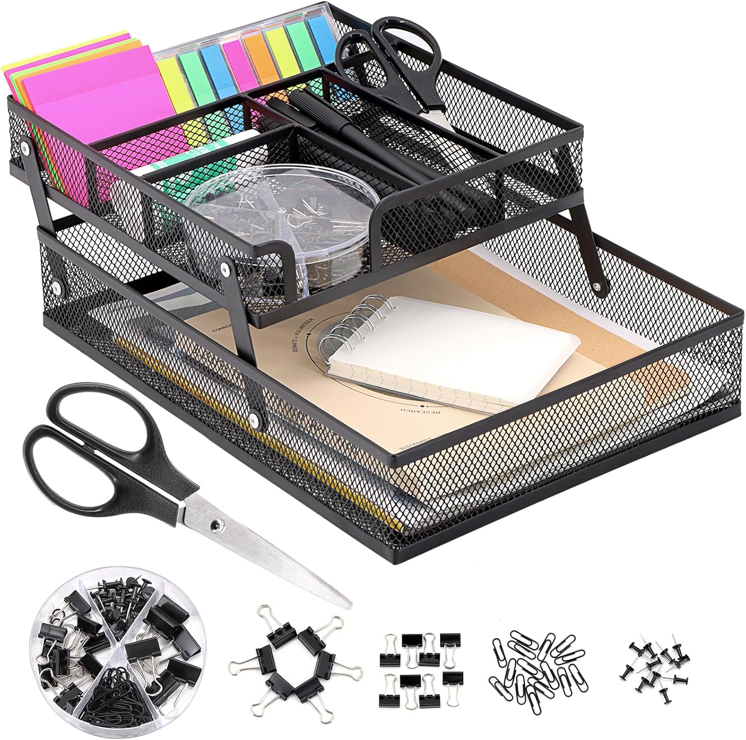 Foldable Desk Drawer Organizer Double Mesh Tray, Expandable Black Desktop Organizers and Accessories with 6 Compartments & Scissors & Clips for Office School Makeup Supplies Storage, Back to School