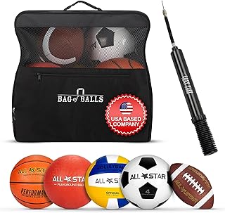 Complete Sports Balls w/ Bag, Pump for Boys - Kickball, Volleyball, Soccer Ball, Football, Basketball - Outdoor Play