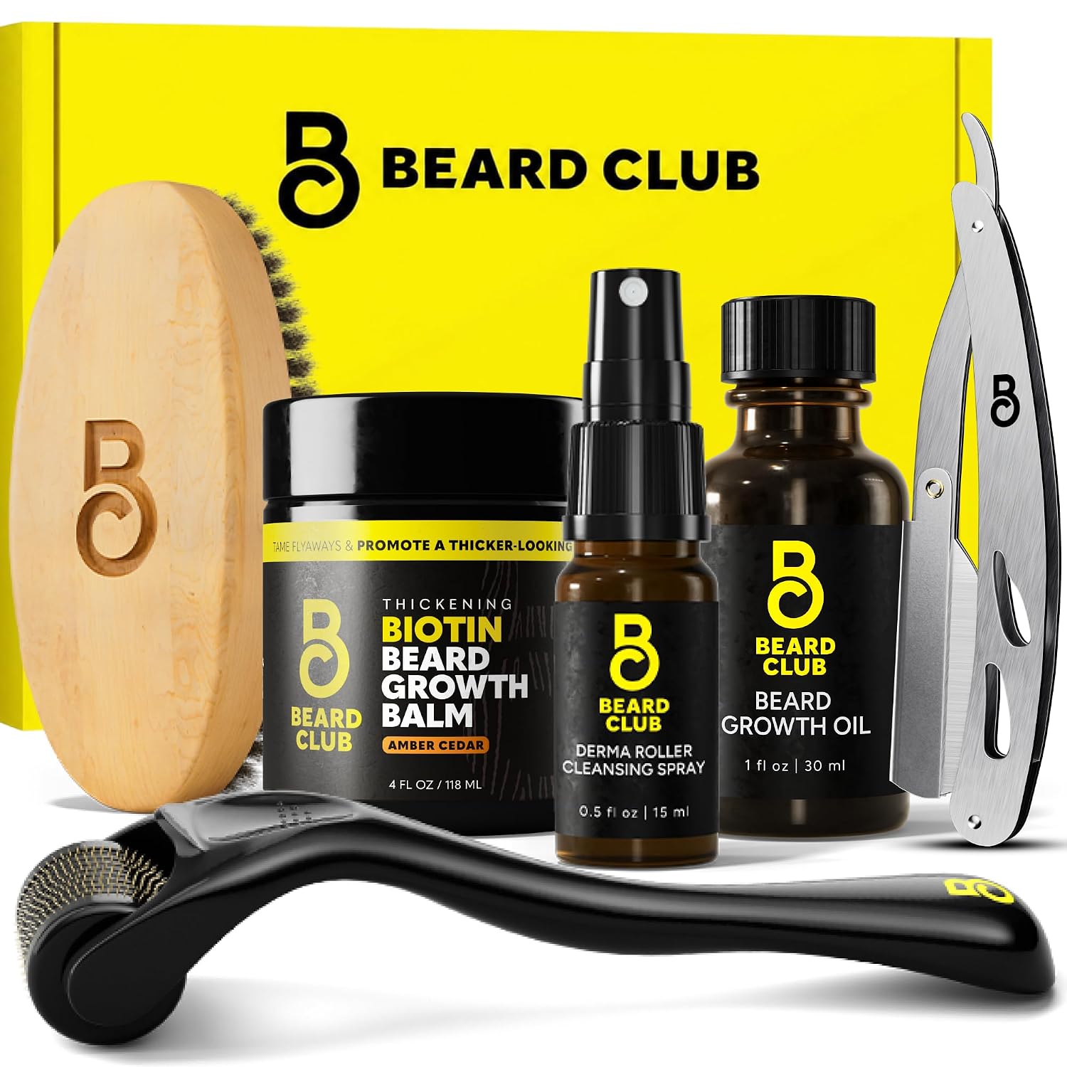 The Beard Club Beard Growth Kit for Men - Grooming Set with Growth Oil, Biotin Balm, Derma Roller, Boar Bristle Brush, Cleansing Spray and Straight Razor - 6 pc Gift Set for Facial Hair