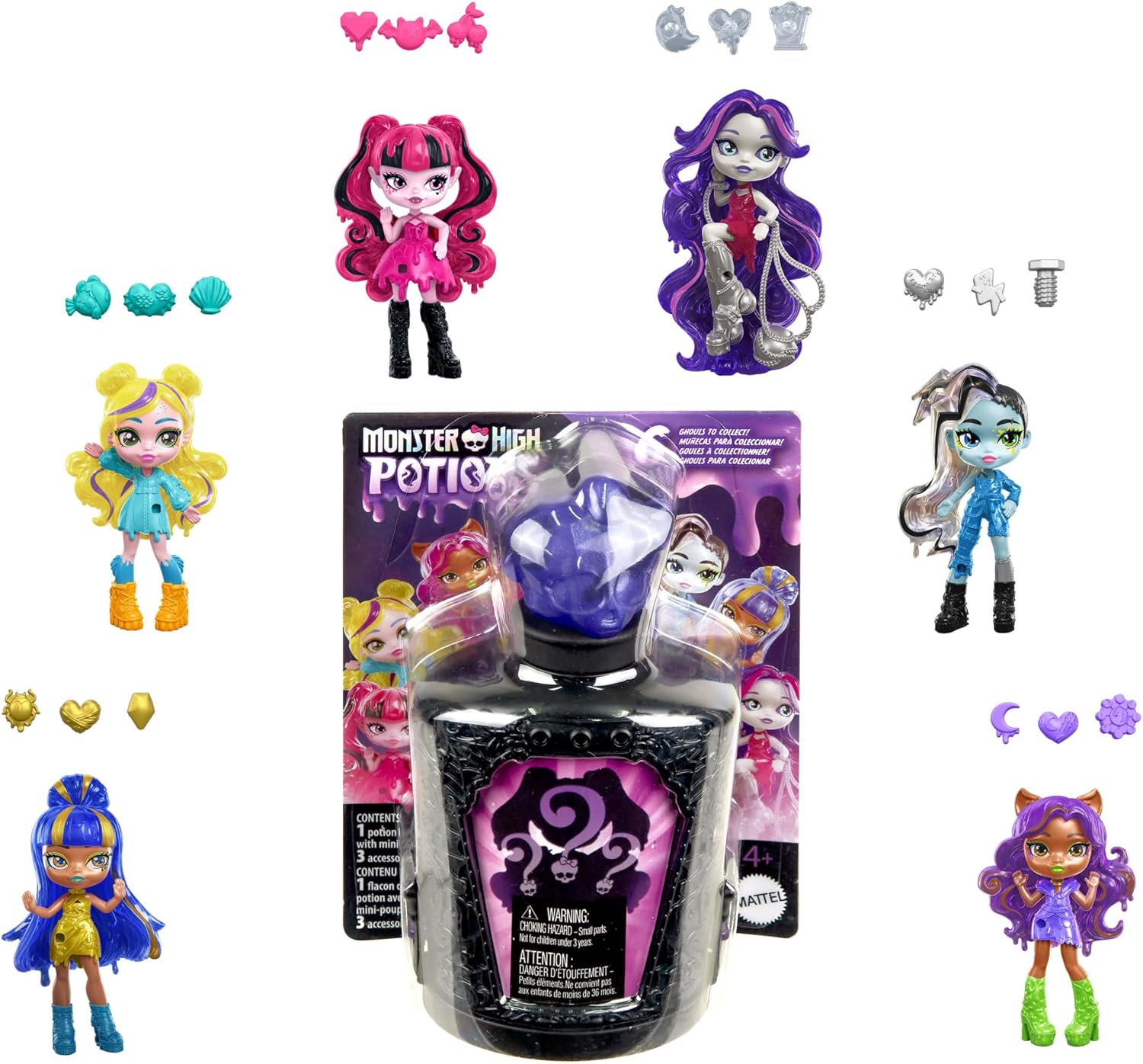 Monster High Potions Mini Dolls and Accessories, Surprise 3-inch Character Figures in Display Bottle with Water Reveal & Charms (Characters May Vary), HYB10