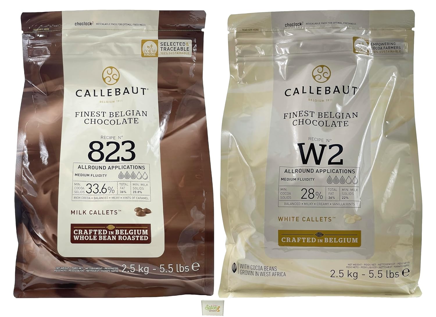 Callebaut Belgian Chocoalte Callets | 2 Pack of 5.51 Bags (2KG) (Milk Chocolate/White Chocolate)