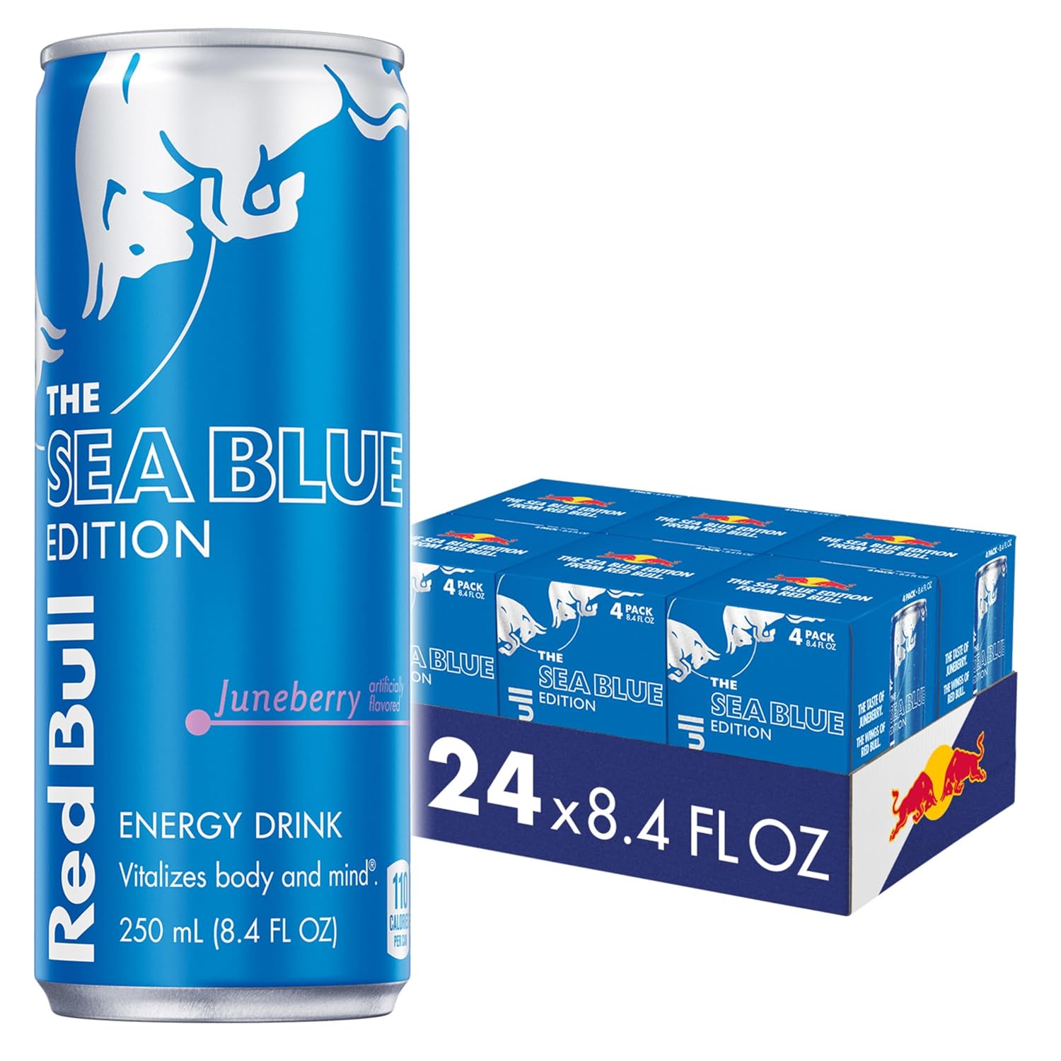 Red Bull Sea Blue Edition Energy Drink, Juneberry, with 80mg Caffeine plus Taurine & B Vitamins, 8.4 Fl Oz, Pack of 24 Cans (6 Packs of 4)