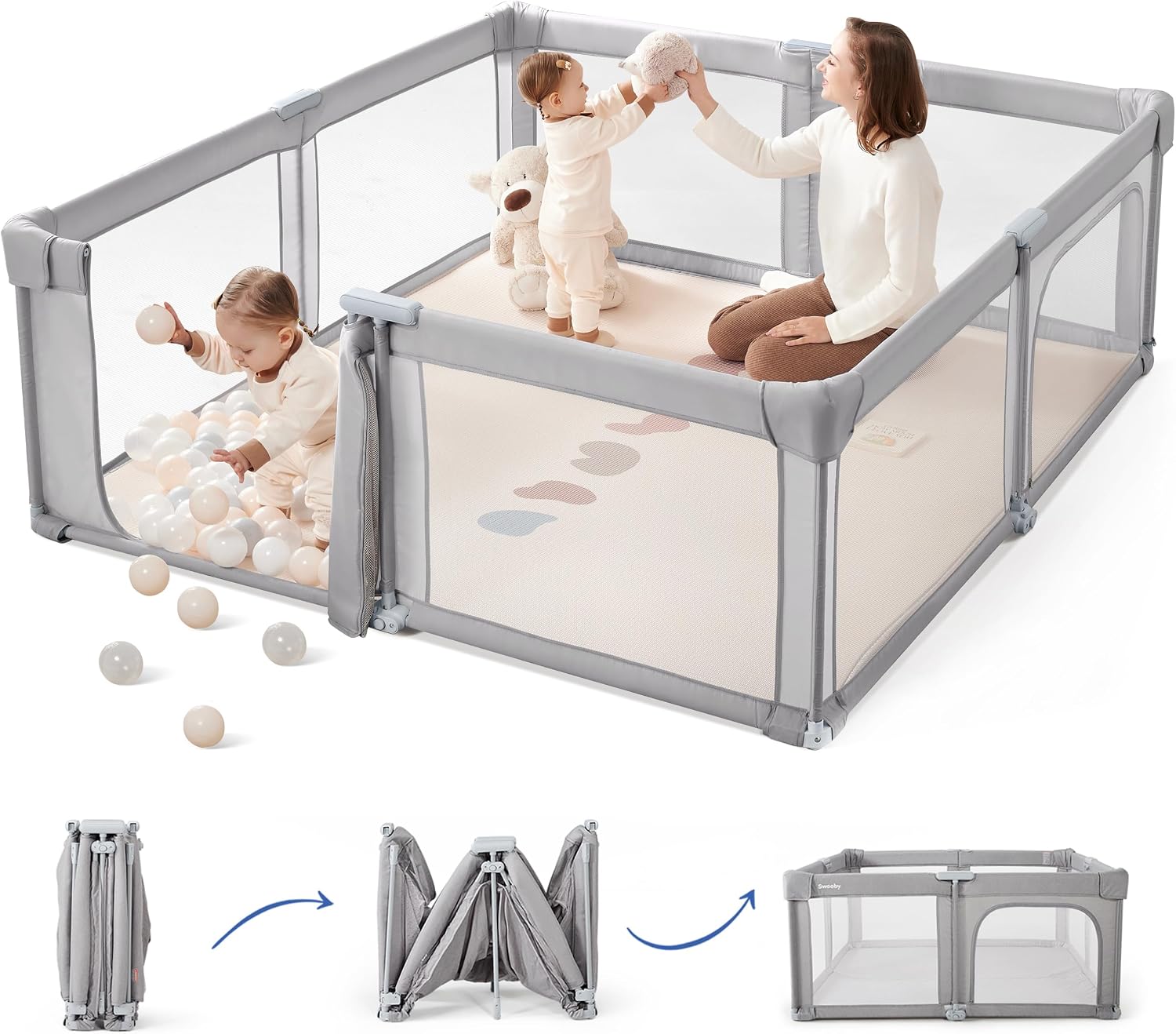 Sweeby Baby Playpen, 180x150cm Foldable Play Yard, Extra-Large Baby Fence for Indoor & Outdoor Use, Safe Playpen for Babies and Toddlers (Grey)