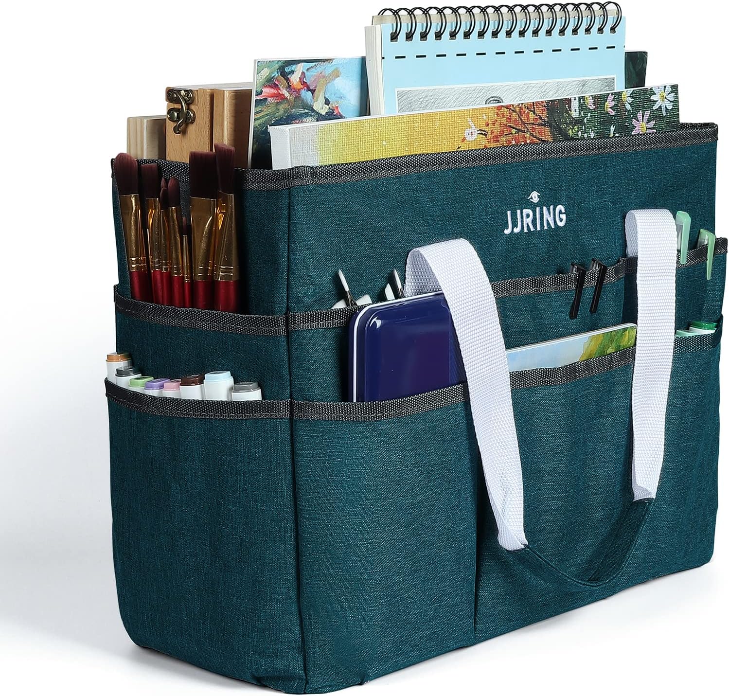 JJRING Craft Organizer Tote Bag, Large Art Storage Caddy with Multiple Pockets, Bluish Green Sewing Bag for Art, Craft, Scrapbooking, School, Medical, and Office Supplies Storage