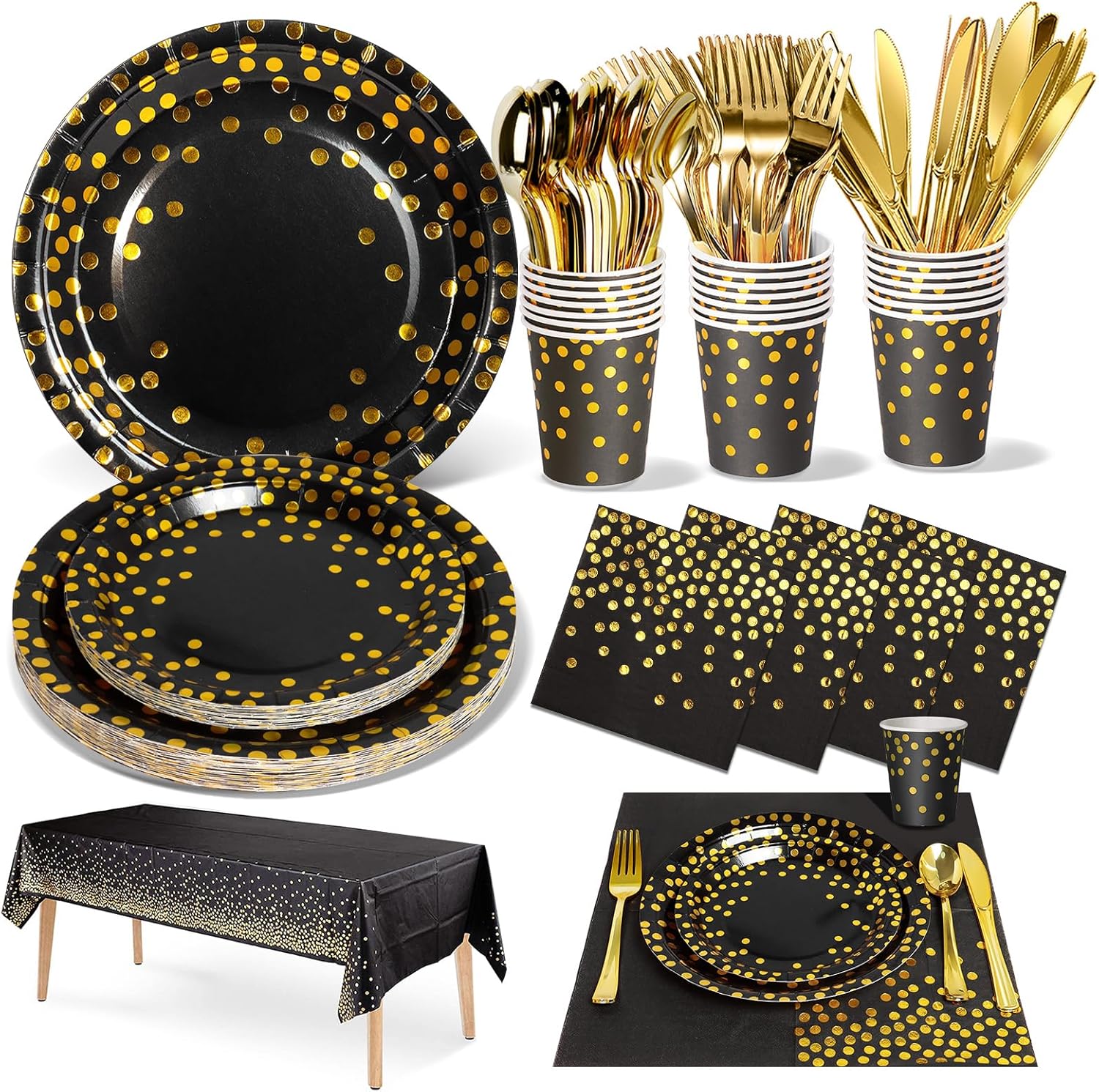 Nkaiso Party Tableware Black Gold 141 Pieces Paper Tableware Set Includes Paper Plates Napkins Paper Cups Tableware, for Wedding Shower, Engagement, Wedding, Birthday (20 Guests)