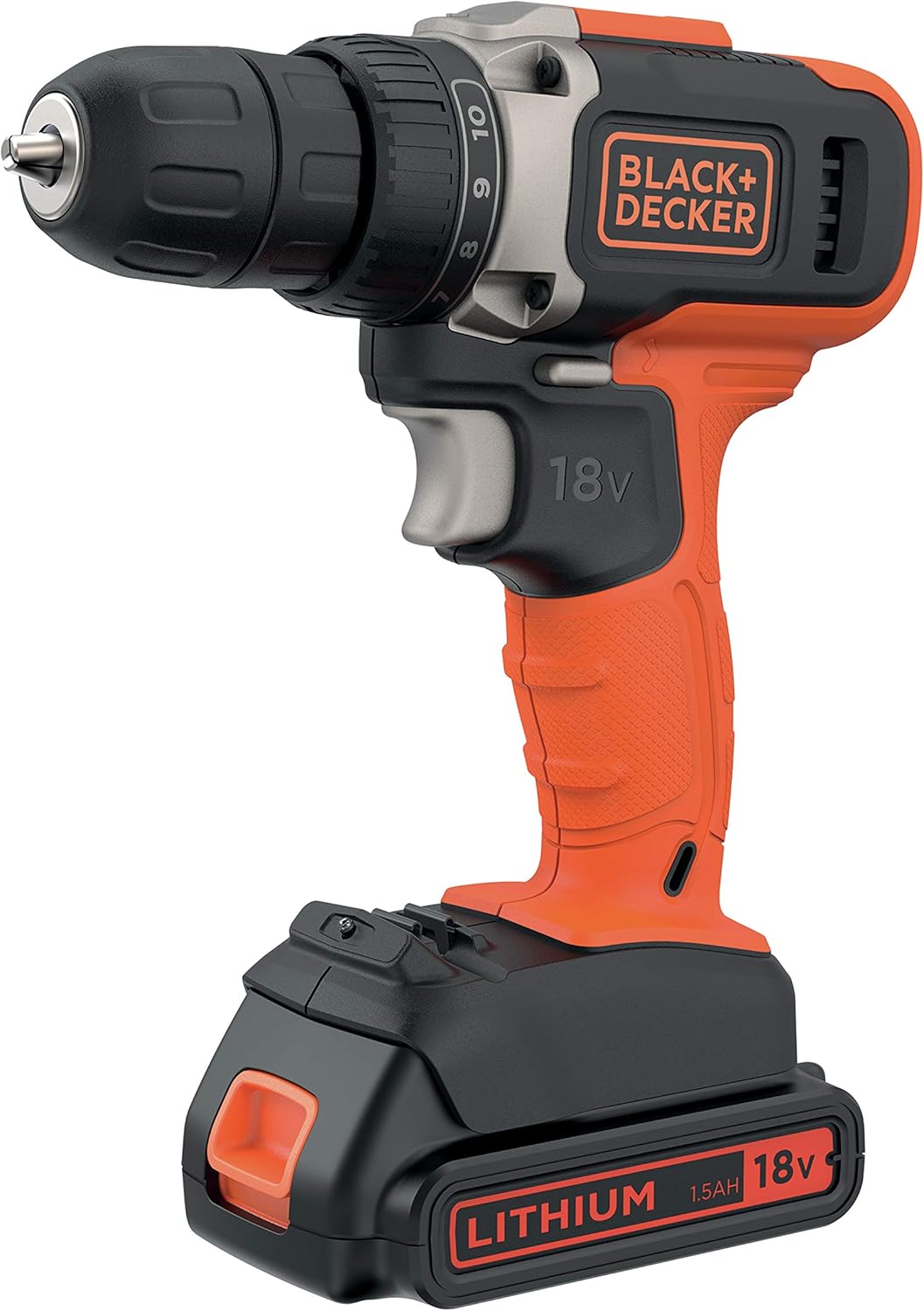Black+Decker BCD002C2K Cordless Drill with 2 Keyless Drill Holders (18 V/1.5 Ah, 10 mm Keyless Drill Holder, 10-Step Torque Preset + 1 Drill Position LED Work Light, Includes Charger and 2 Batteries)