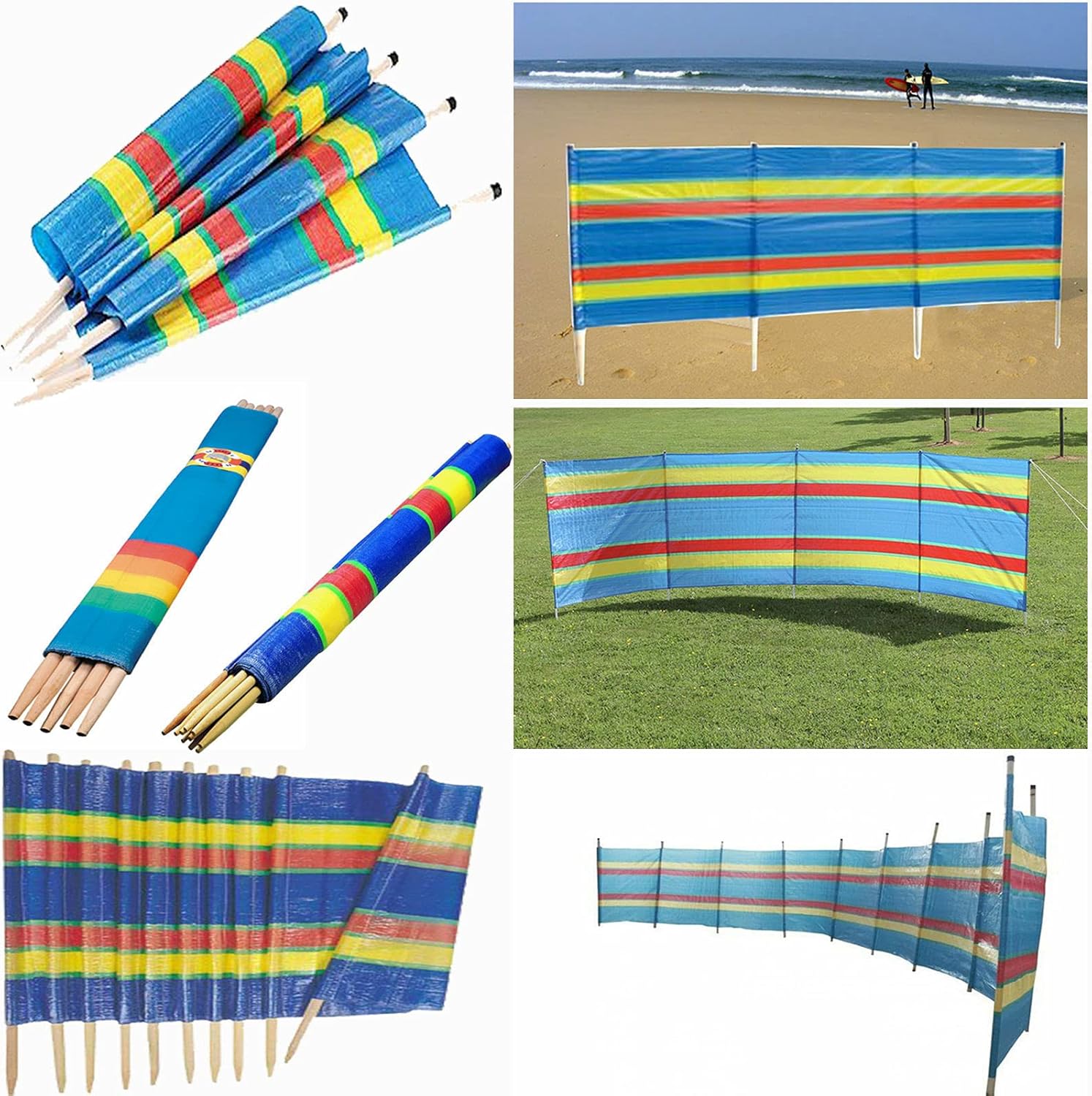 Prime Plus Large 20ft 4 5 6 8 10 Pole Windbreak Wooden Windbreaker Beach Camping Holiday Sun Screen Shelter Wind Break (4 Pole (4ft High x 7ft Long))