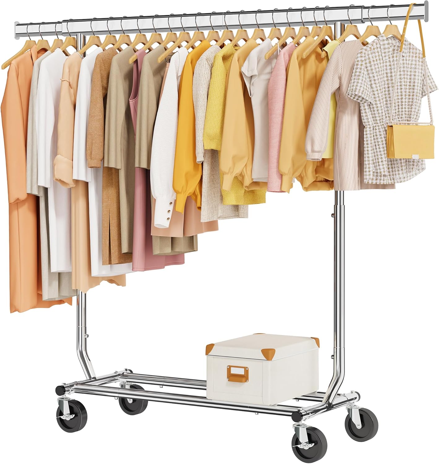 Tajsoon Clothes Rack Heavy Duty Clothing Rack Load 350 LBS, Rolling Garment Rack with Wheels and Extendable Rod, Collapsible Clothing Rack for Hanging Clothes with Bottom Shelf, Chrome