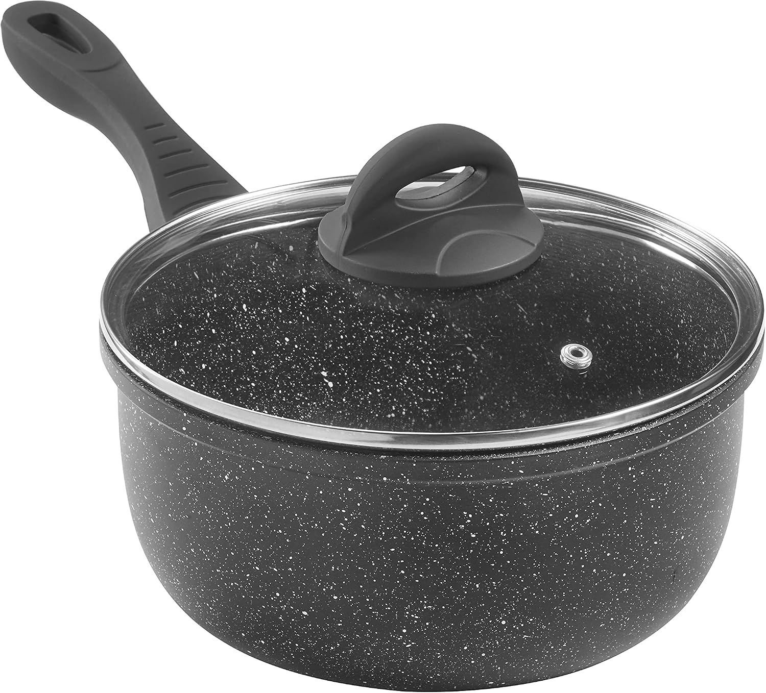Non-Stick Induction Saucepan with Lid - High-Tech Marble Effect Coating Saucepan, Forged Aluminium Cookware with Vented Glass Lid (20cm)