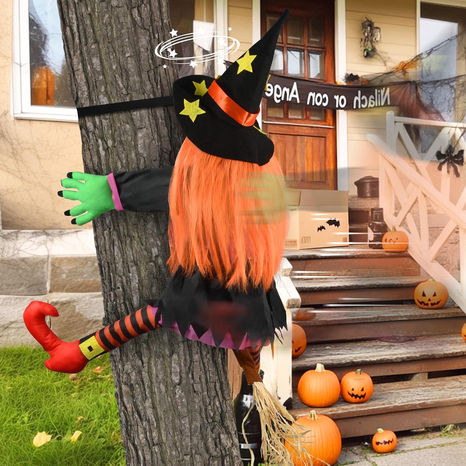 Halloween Crashing Witch Decorations, 37 inch Cute Crashing Witch into Tree Halloween Decoration, Flying Witches Halloween Decorations,Halloween Outdoor Indoor Decor for Door Porch, Yard, Garden, Tree