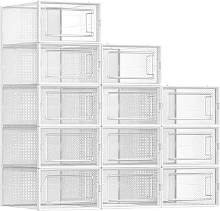 SONGMICS Shoe Boxes, Pack of 12 Shoe Storage Organizers, Stackable Clear Plastic Boxes for Closet, Sneakers, 9.1 x 13.1 x 5.6 Inches, Fit up to US Size 11, Transparent and White ULSP12SWT