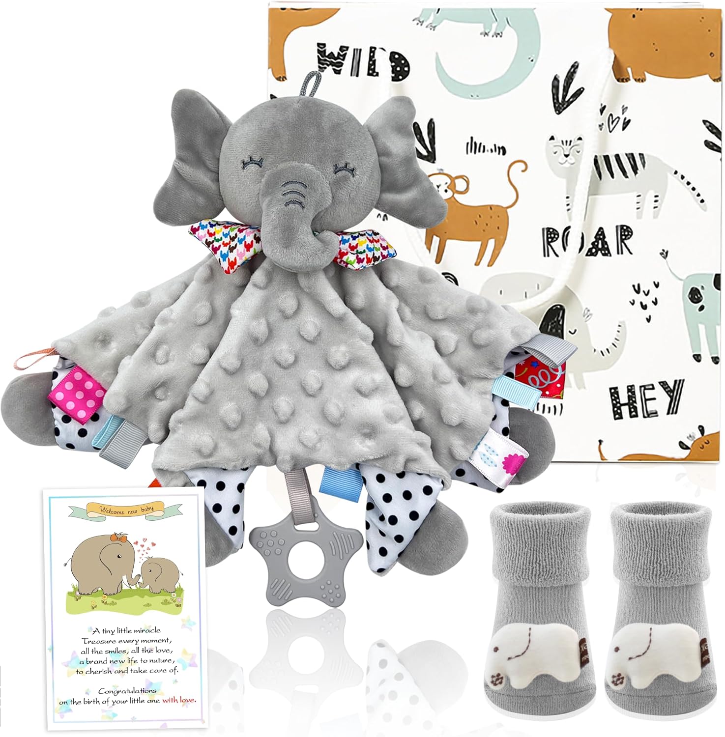 Personalized Unisex Baby Essentials Gift Set - Soft Comforter Blankets, Unique Elephant Socks, Baby Shower Present - Ideal for Newborns and Expectant Mothers
