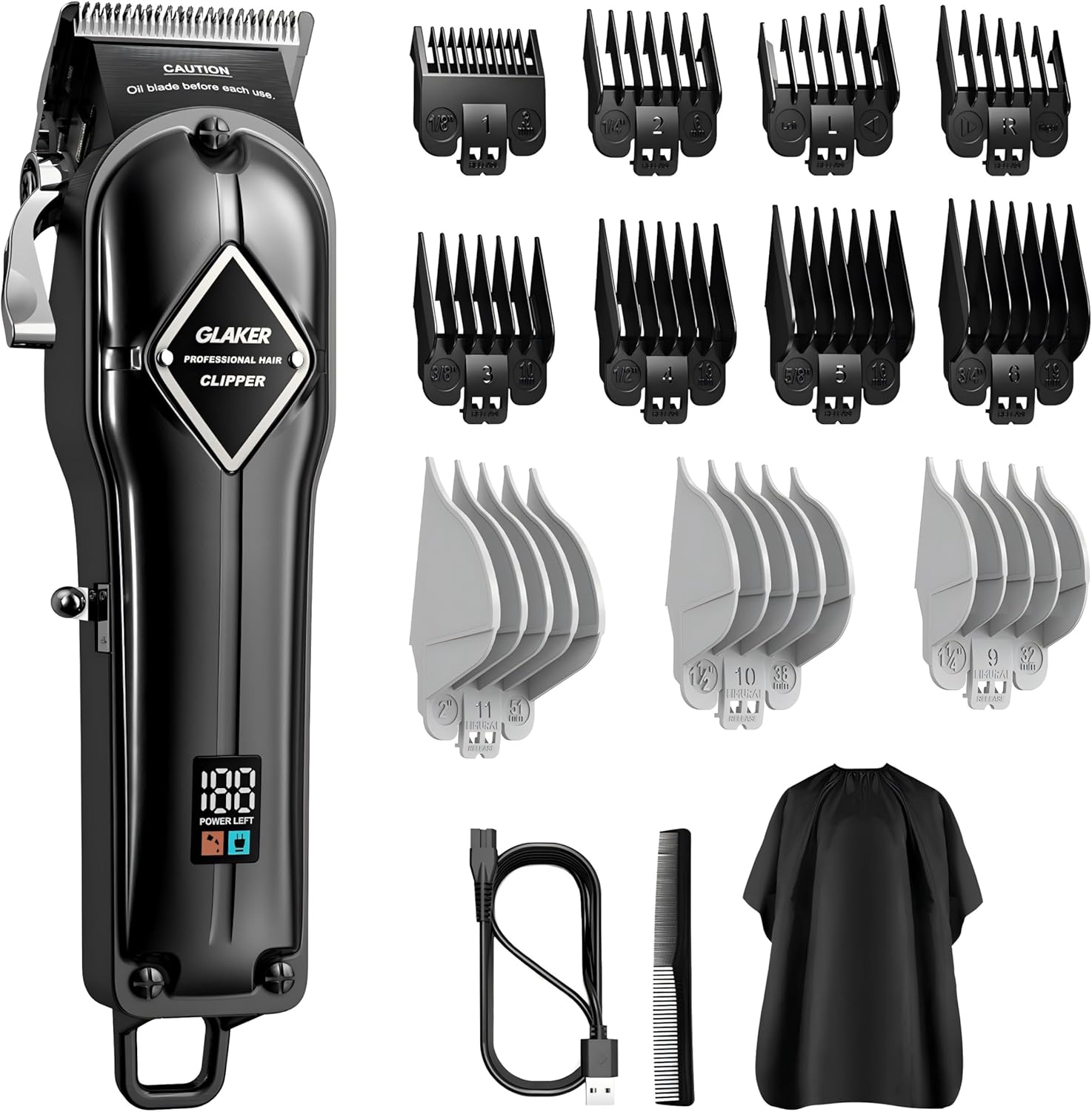 GLAKER Hair Clippers for Men - Cordless Professional Barber Clipper Hair Cutting Kit with 11 Guide Combs for Haircut, Trimming & Grooming (Black)