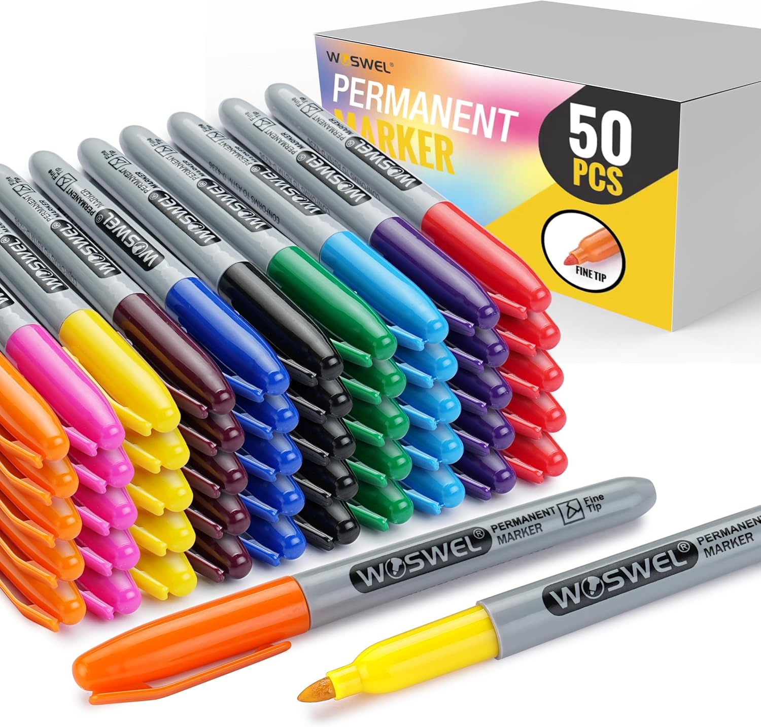 Permanent Markers Bulk, 50 Pack,10 Assorted Colors Permanent Marker, Fine Tip, Waterproof, Quick Drying, Smooth Writing, Used on Glass Metal Stone Paper Most Surfaces, Office School Supplies