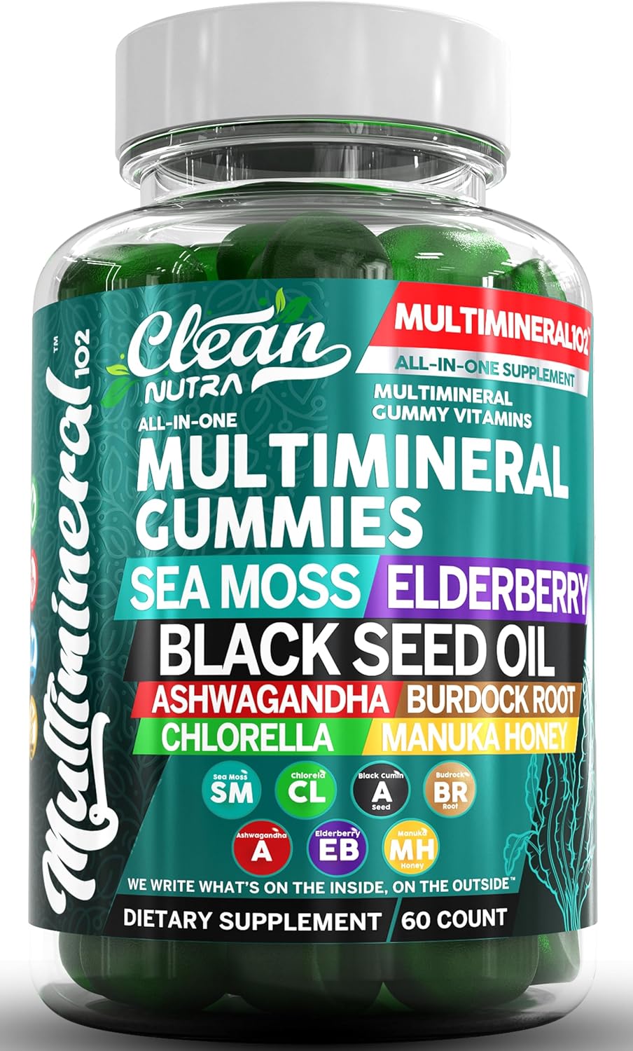 Sea Moss Black Seed Oil Gummies with Ashwagandha, Elderberry, Burdock Root, Chlorella, Manuka Honey - Vegan Gummy Vitamins for Adults Kids Men Women - Multimineral Green Apple Flavor by Clean Nutra