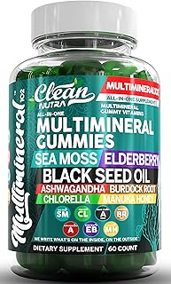 Sea Moss Black Seed Oil Gummies with Ashwagandha, Elderberry, Burdock Root, Chlorella, Manuka Honey - Vegan Gummy Vitamins for Adults Kids Men Women - Multimineral Green Apple Flavor by Clean Nutra