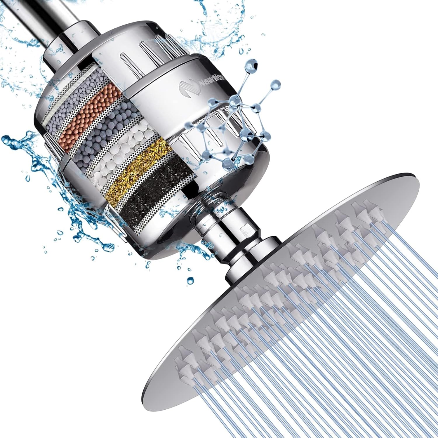 NearMoon Shower Head and 15 Stage Shower Filter Combo, High Pressure Filtered Showerhead Softener for Hard Water, Removes Chlorine Fluoride and Harmful Substances- 1 Replaceable Filter Cartridge