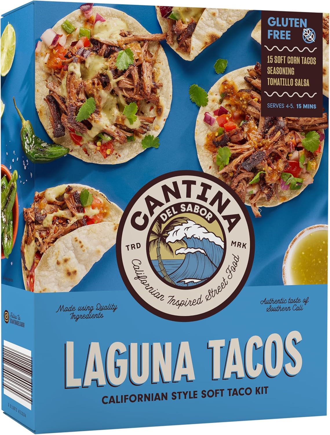 Cantina Del Sabor Laguna Tacos, Californian Style Soft Taco Meal Kit, 15 Gluten Free Soft Corn Tacos With Tomatillo Salsa & Seasoning, 356 g (Pack of 1)