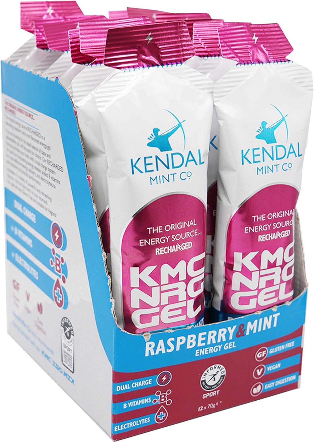 KMC NRG Gel: Refreshing Raspberry Mint Energy Gel 27g Dual Carb +Electrolytes +B Vitamins Vegan Gluten Free by Kendal Mint Co (12x70g, Raspberry & Mint)