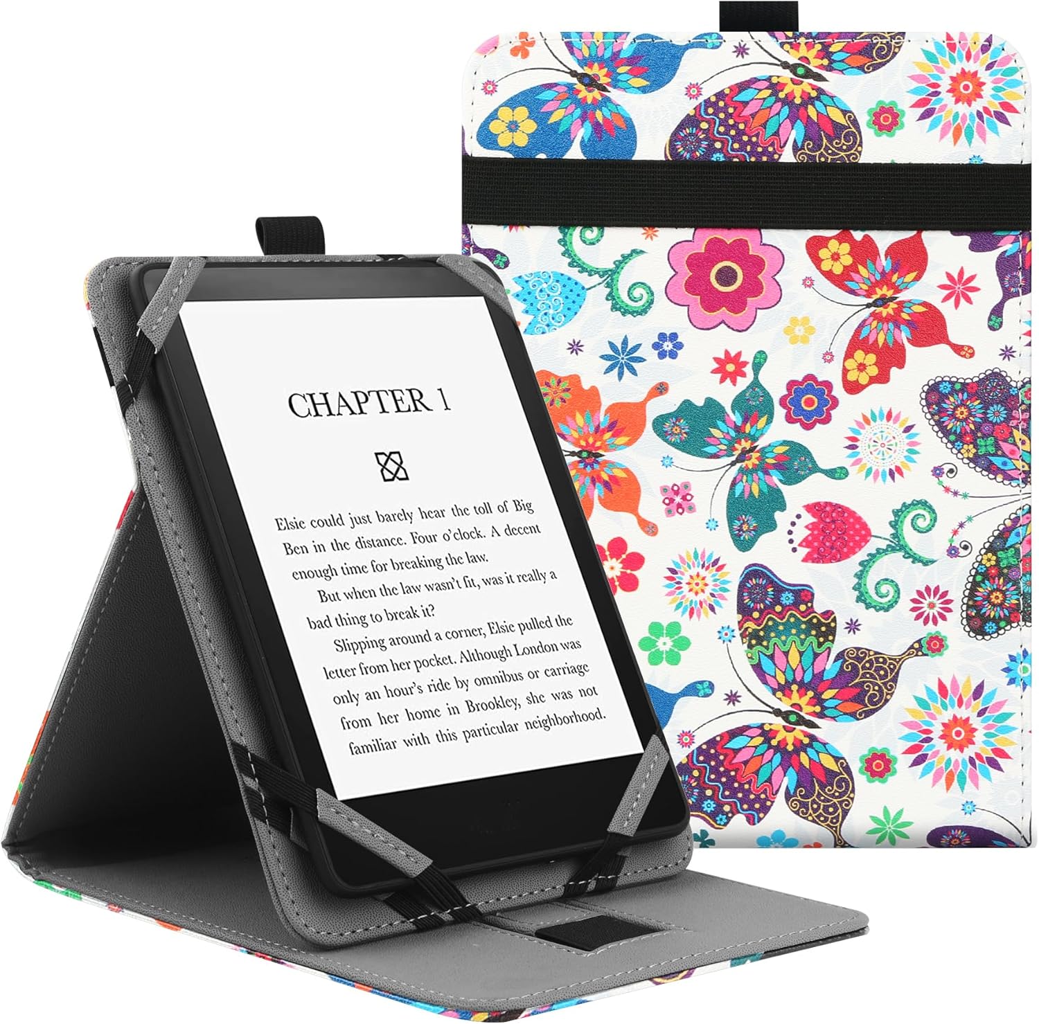 VOVIPO Universal Protective Case for 6" 6.8" 7" eReaders, Folio Stand Cover with Handstrap Compatible with Kobo/Tolino/Pocketook/Sony/paperwhite 6/6.8/7 inch ebook reader-Butterfly