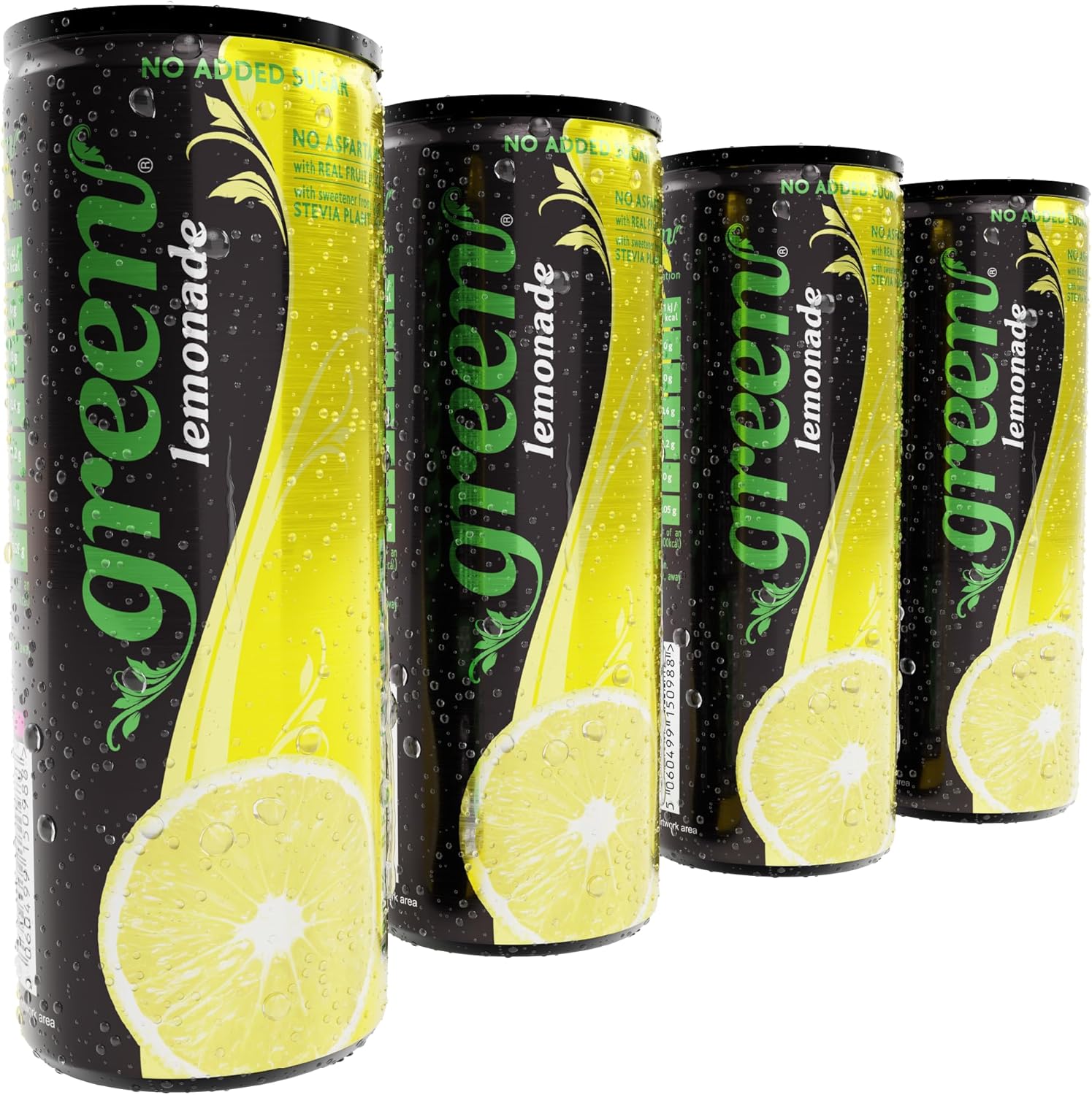 Green Lemonade - Low Calorie Soft Drinks - Sparkling Lemon Flavour with 7% Natural Juice - No Added Sugar, Sweetened with Stevia, No Aspartame - Alternative Fizzy Drink - Pack of 4 Cans x 330ml
