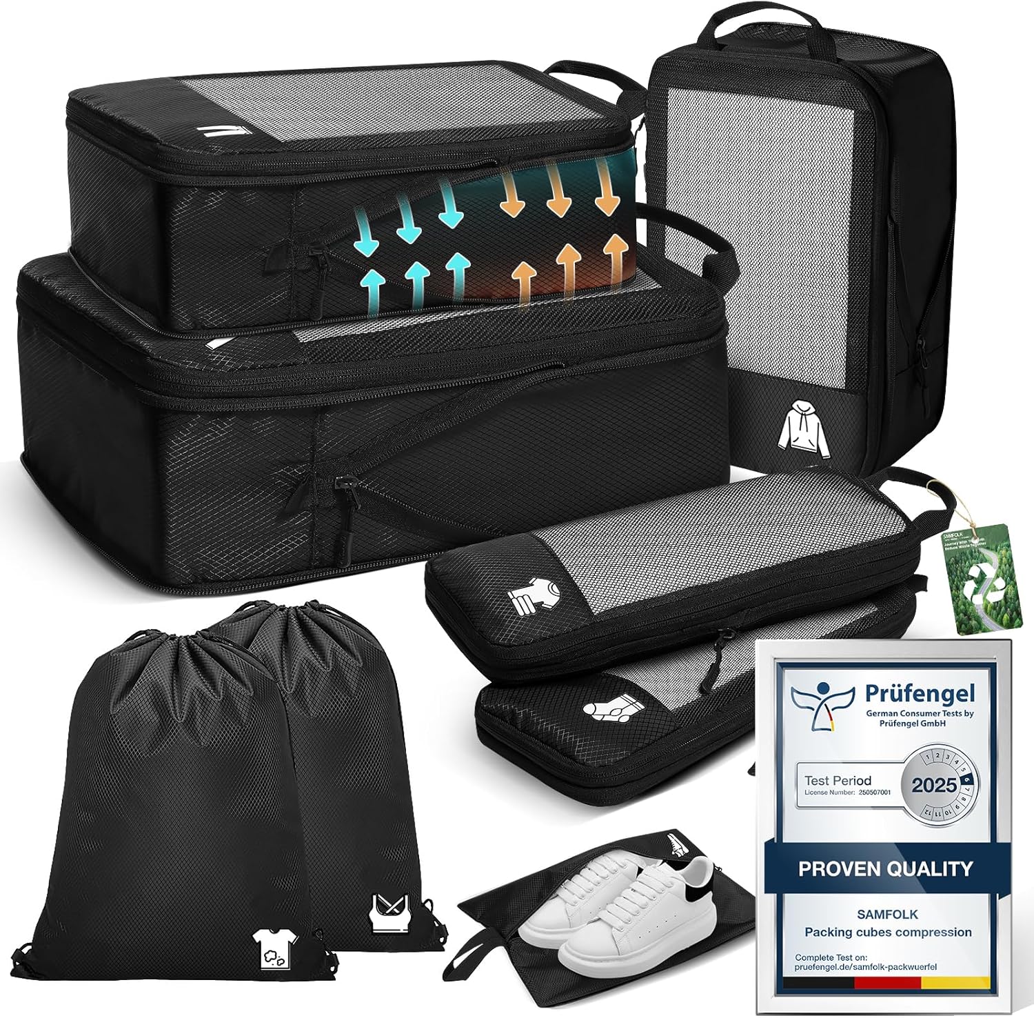 Compression Packing Cubes for Suitcases, Ultralight 8 Set Packing Cubes for Backpack Waterproof Luggage Packing Organizers Expandable Packing Cubes for Travel Accessories and Essentials-Black