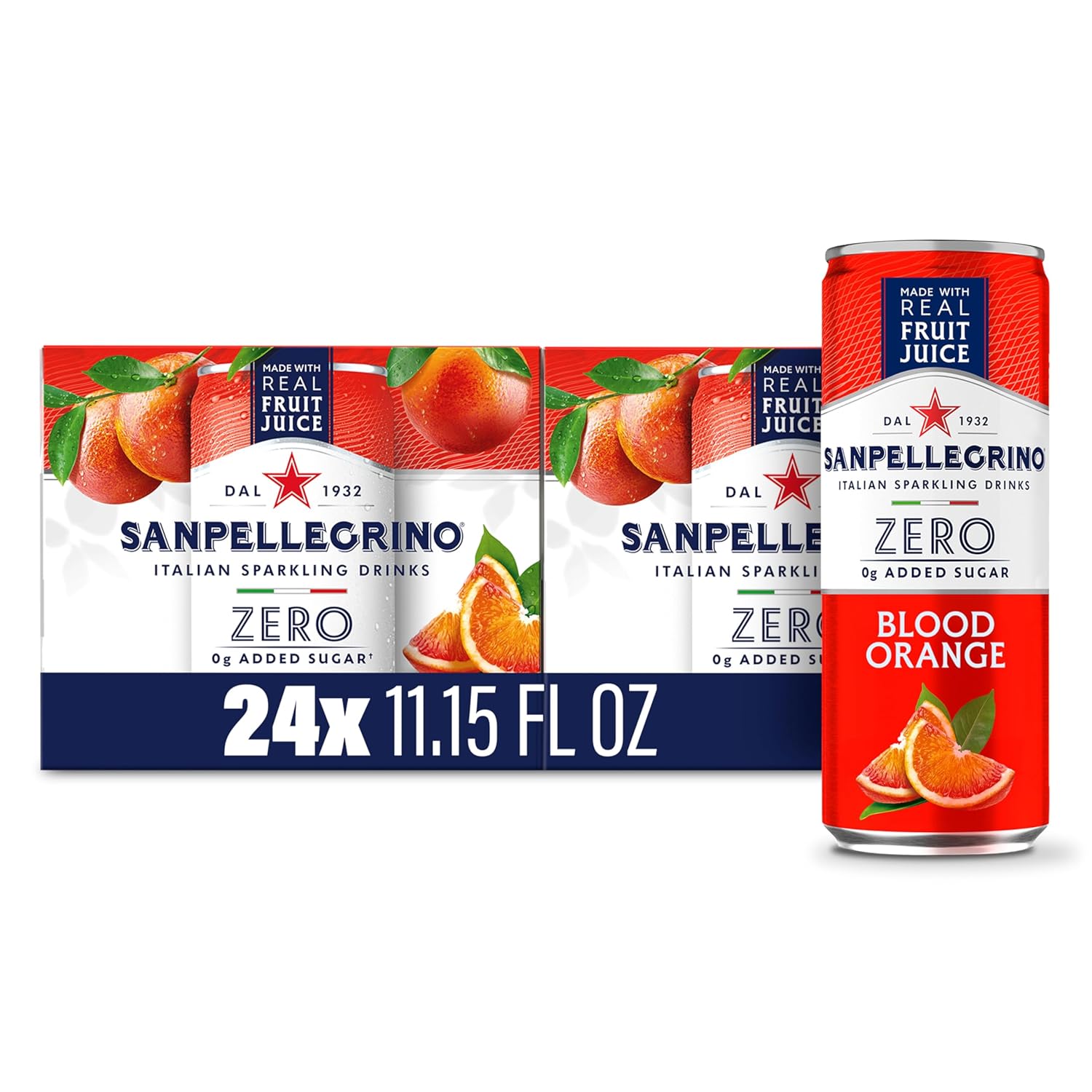 Sanpellegrino Zero Grams Added Sugar Italian Sparkling Drinks, Sparkling Blood Orange Beverage, 24 Pack of 11.15 Fl Oz Cans