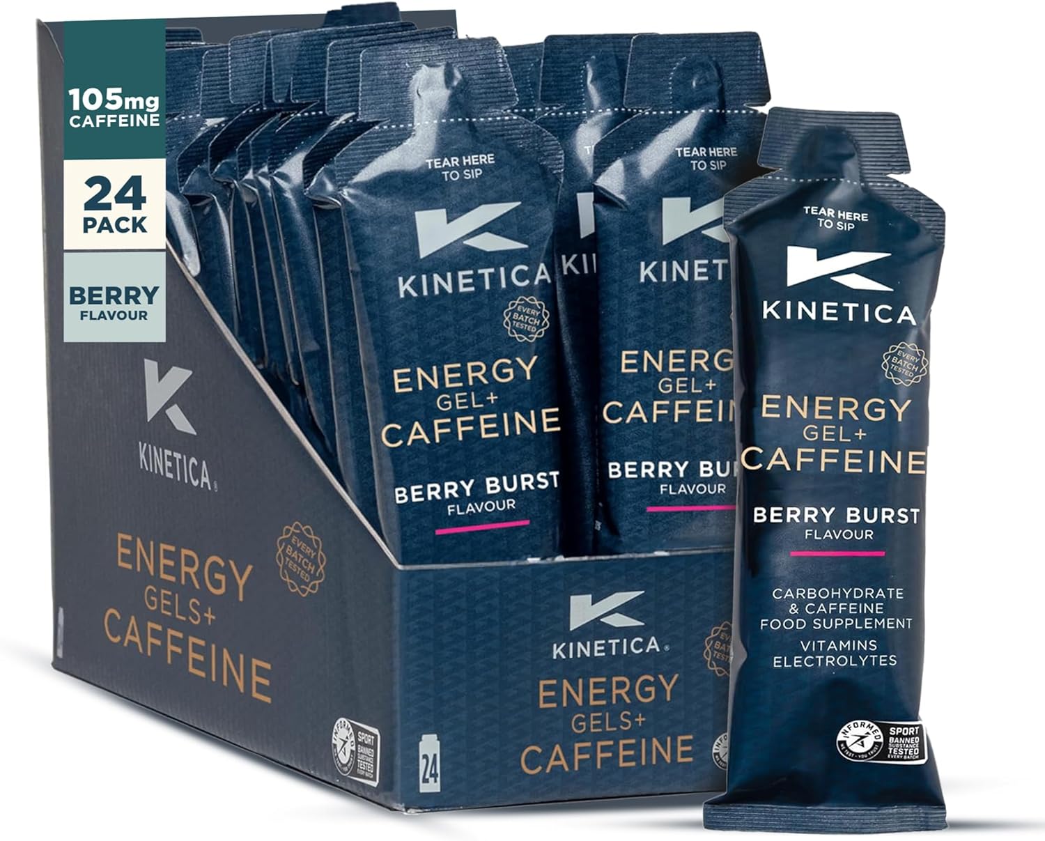 Kinetica Sports Quick Release Energy Gel + Caffeine - Berry Flavour | 105mg Caffeine, 27g Carbohydrates/Serve | 24 x 70g Pack | Contains Range of B Vitamins & Electrolytes | Fast Acting Energy Source