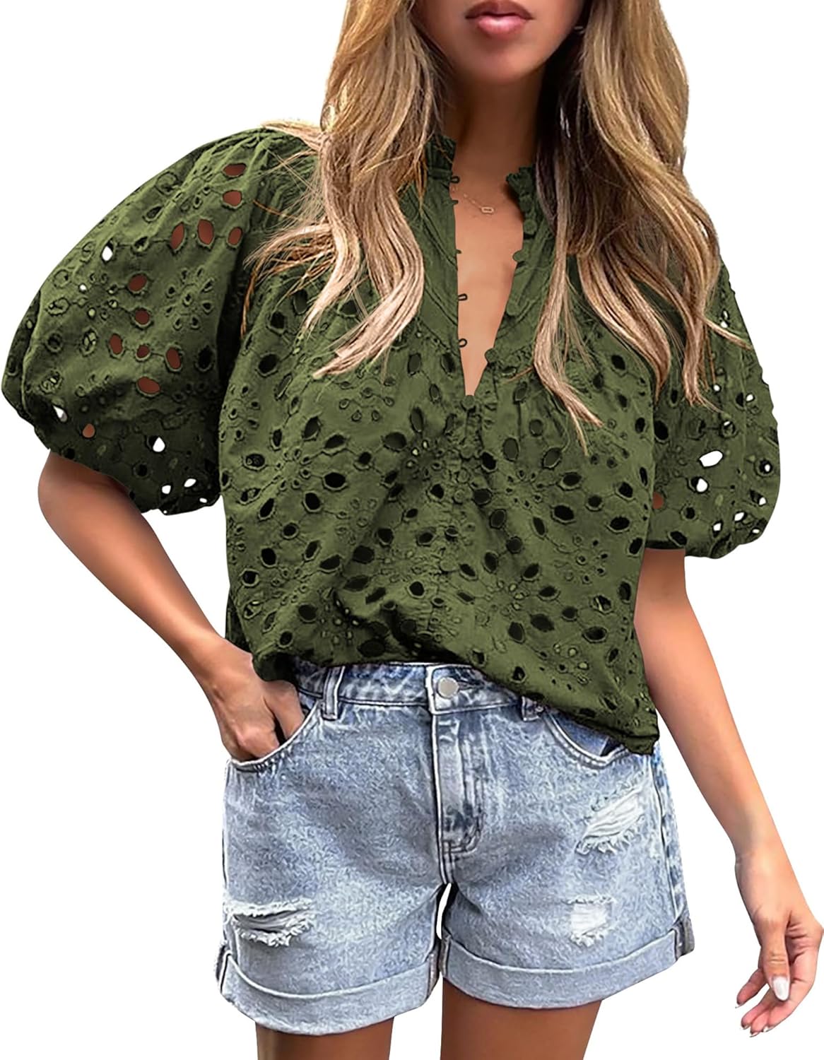 PRETTYGARDEN Women's Summer Short Sleeve Tops 2025 Dressy Casual Buttons V Neck Hollow Out Lace Embroidered Blouses Shirts