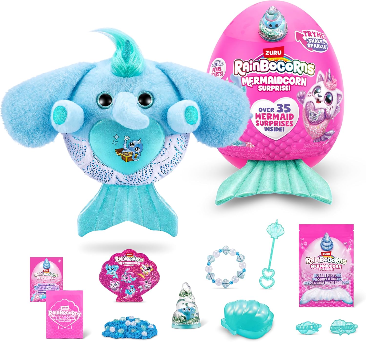 Rainbocorns Mermaidcorn (Elephant) by ZURU, Collectible Plush, Mermaid Surprises, Cuddle Plush Stuffed Animal, Surprise Egg, Stickers, Magic Sands & Bubble Mixture, for Girls 3+ Up