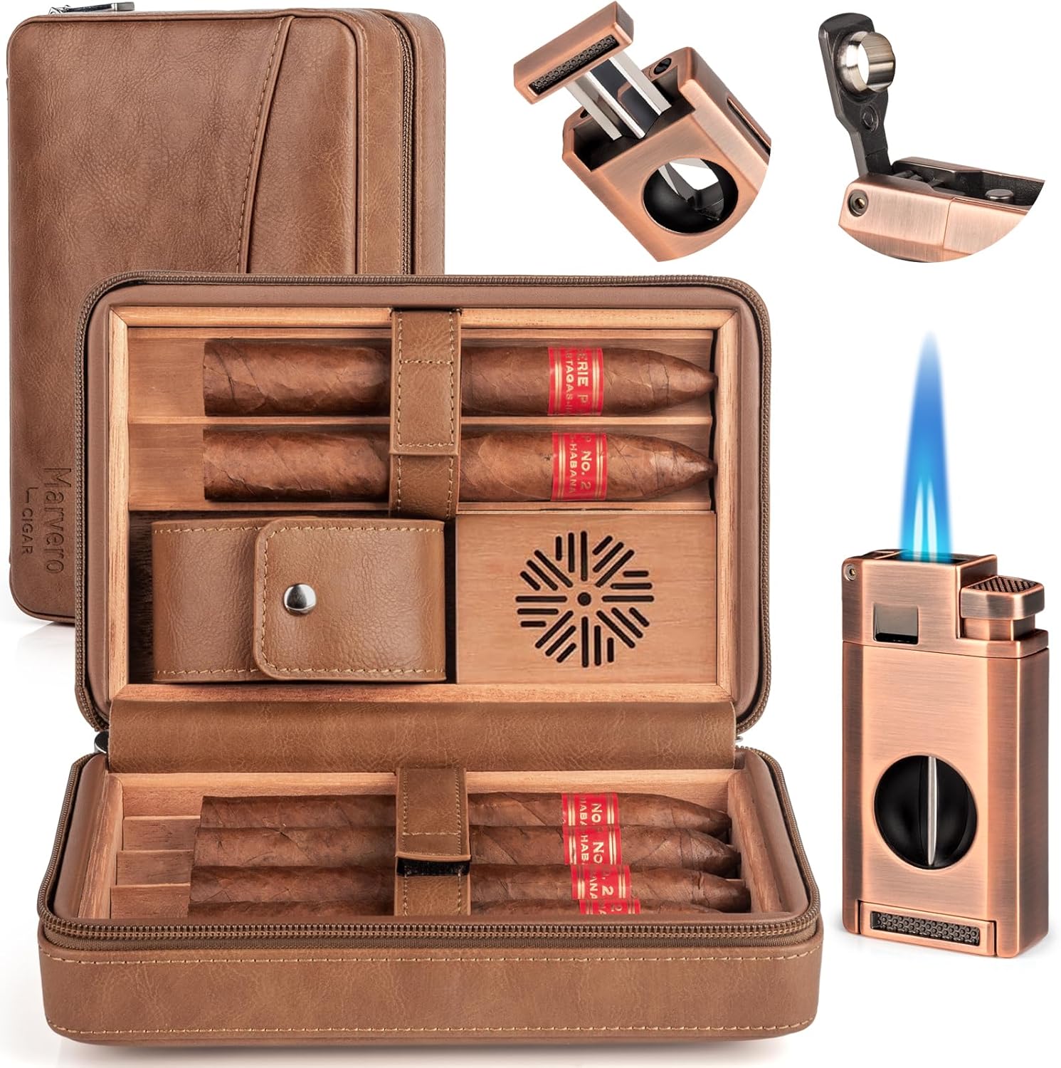 Cigar Humidor, Leather Cedar Wood Cigar Case, Travel Cigar Case with Cigar Lighter, Humidifier, Cigar Cutter, Cigar Punch 3-in-1 | Portable Travel Cigar Humidor, Cigar Accessories Set for Men (Walnut)