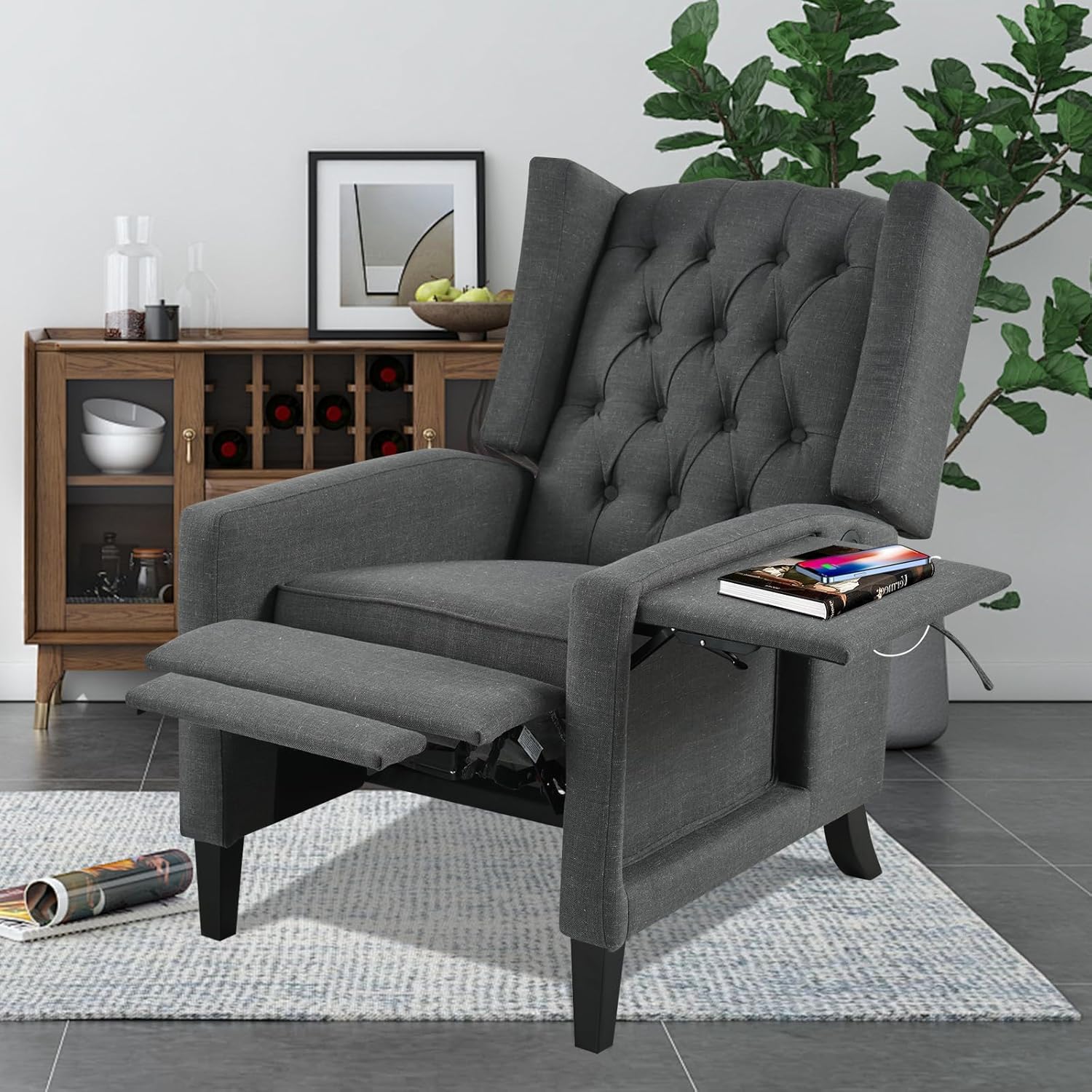 Gray Manual Recliner Chair with Foldable Side Table USB Charger Wingback Tufted, Wall Hugger Recliners for Small Spaces, Living Room, Bedroom Inexpensive Lazy Boy Style Recliner