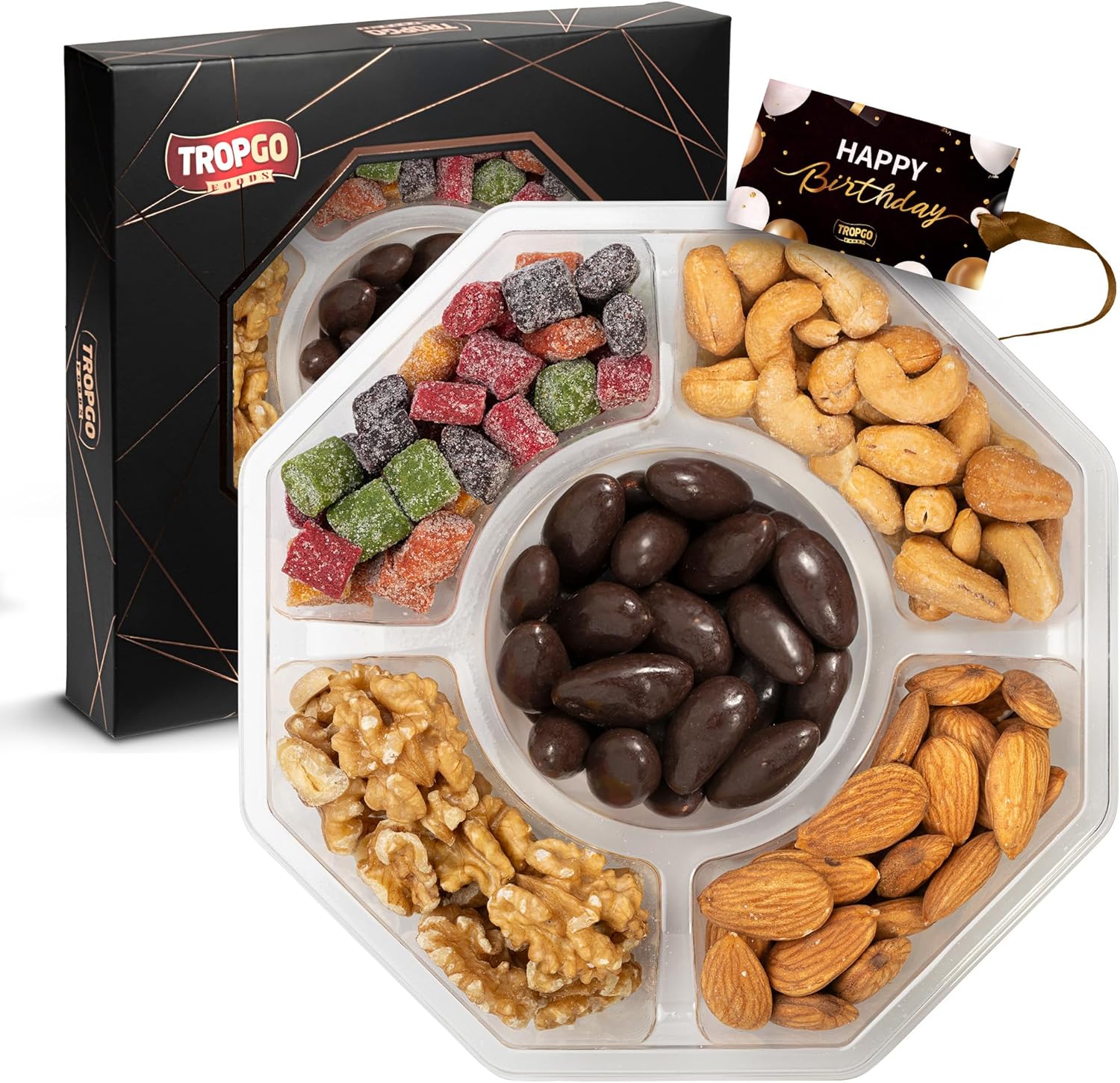 Tropgo 5 Sections Nuts and Sweets Gift Box - Gourmet Snack Box with Raw Walnuts, Raw Almonds, Mango Mini Cubes, Roasted Salted Cashews & Chocolate Almonds