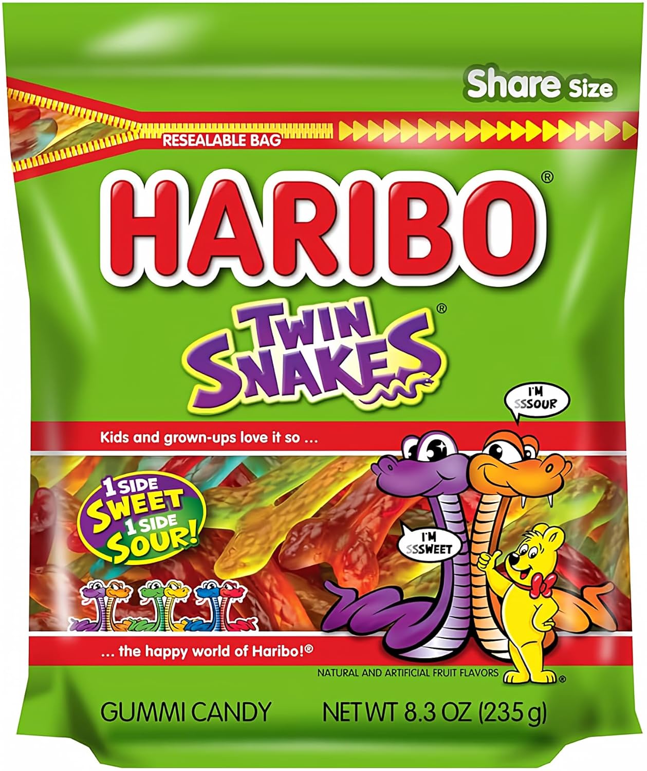 HARIBO Gummi Candy, Twin Snakes Sweet & Sour Gummy Candy, 8.3 Ounce Resealable Share Size Stand Up Bag, Soft & Chewy Snacks, Assorted Fruity Flavors