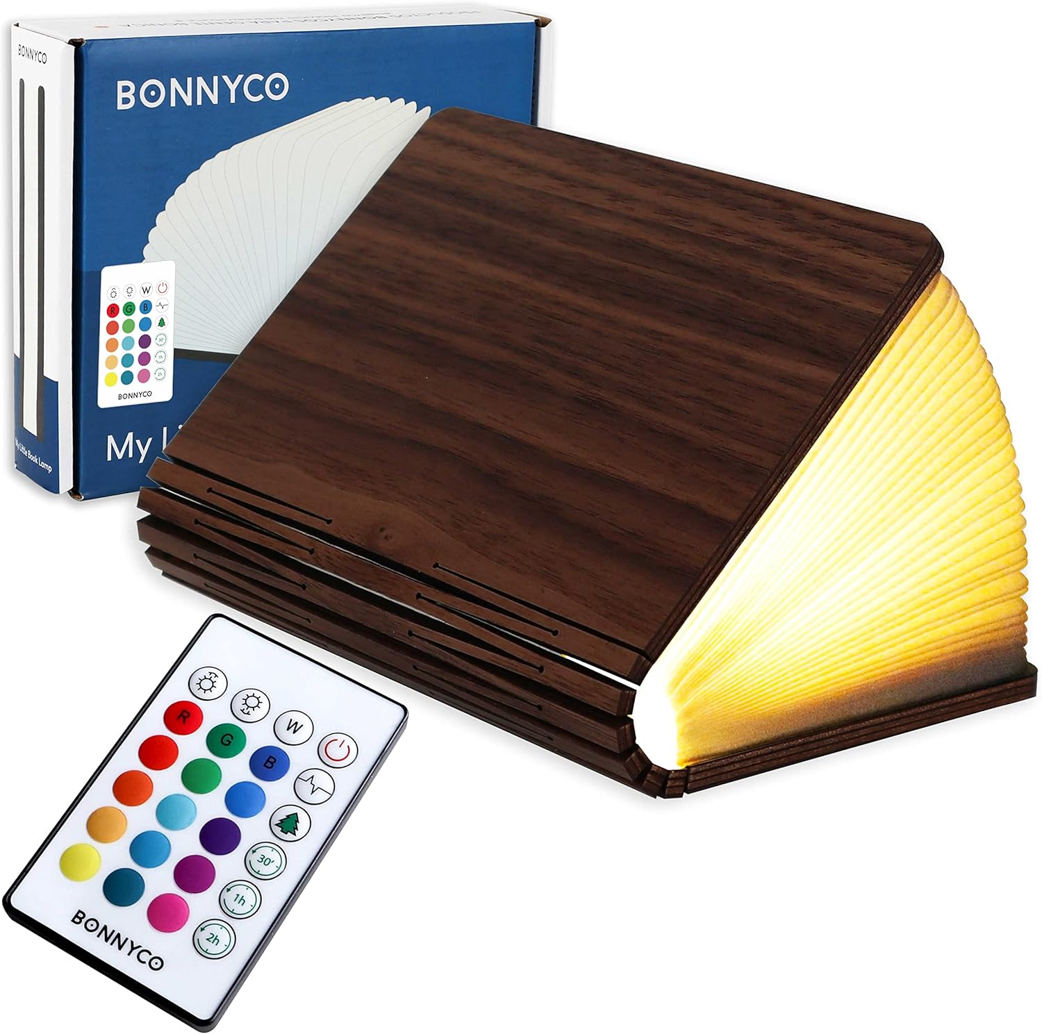 BONNYCO Led Book Light Wooden Folding Lamp with Remote Control, 16 Colours & Timer Table Book Lamp Night Light Perfect for Home, Office & Room Decor | Christmas & Birthday Gifts for Men and Women