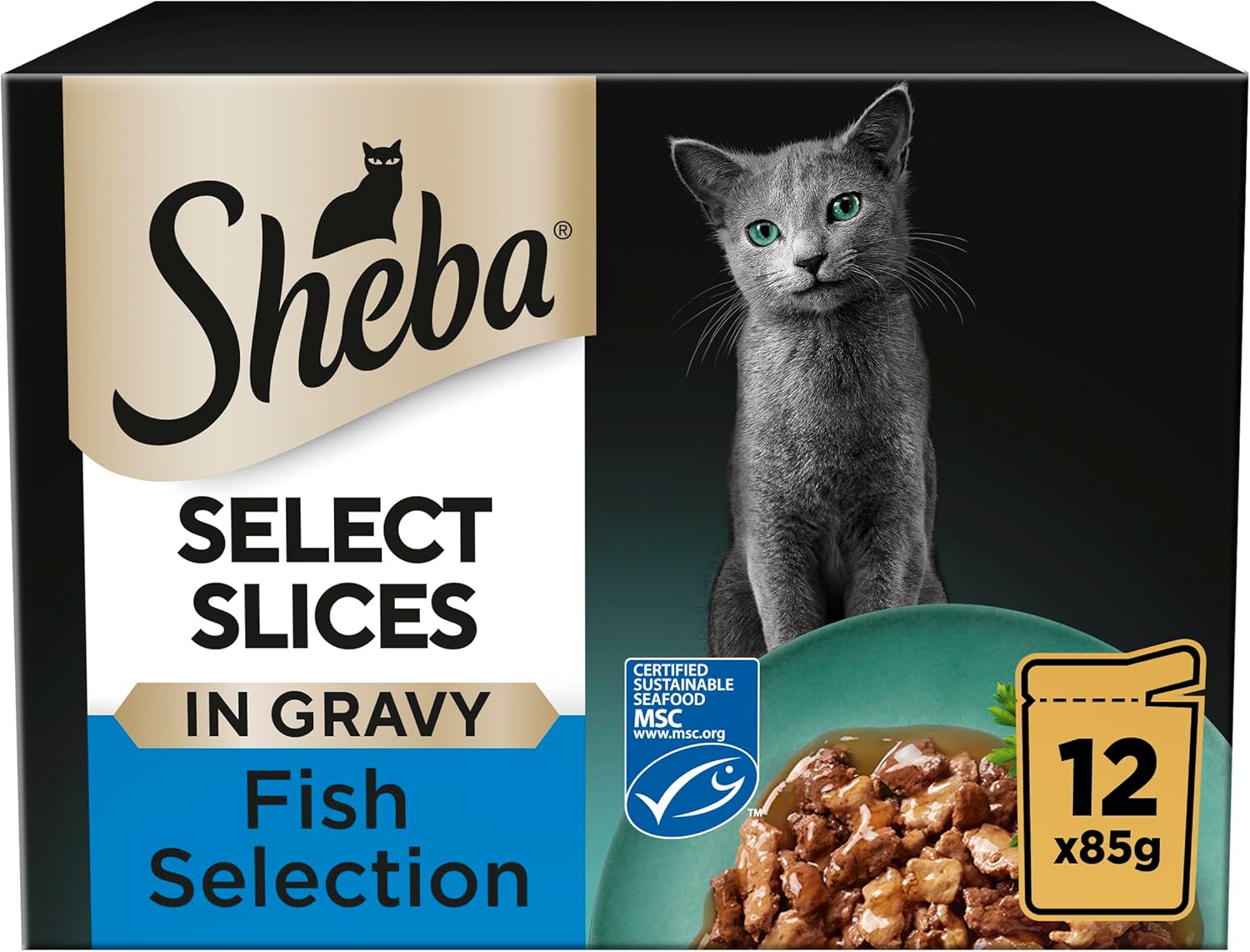 Sheba Select Slices in Gravy – Fish Collection – Wet cat food pouches for adult cats – 12 x 85g pack