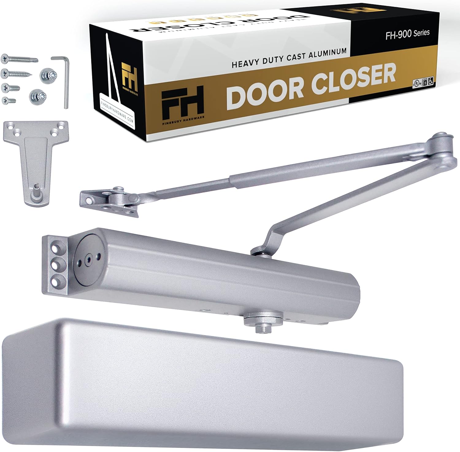 Finsbury Commercial Door Closer Automatic Heavy Duty High Traffic Adjustable ANSI/BHMA Grade 1, UL Listed ADA Compliant Hydraulic Backcheck Delayed Action Latch Speed 1-6 Power (Aluminum)