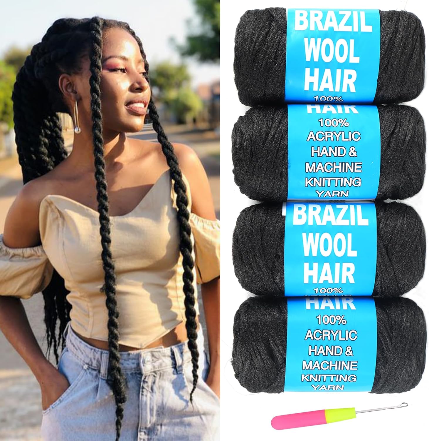 Ainimiu 4 Roll Brazilian Wool Hair for Braiding Faux Locs Crochet for Women Synthetic Braiding Hair Extensions