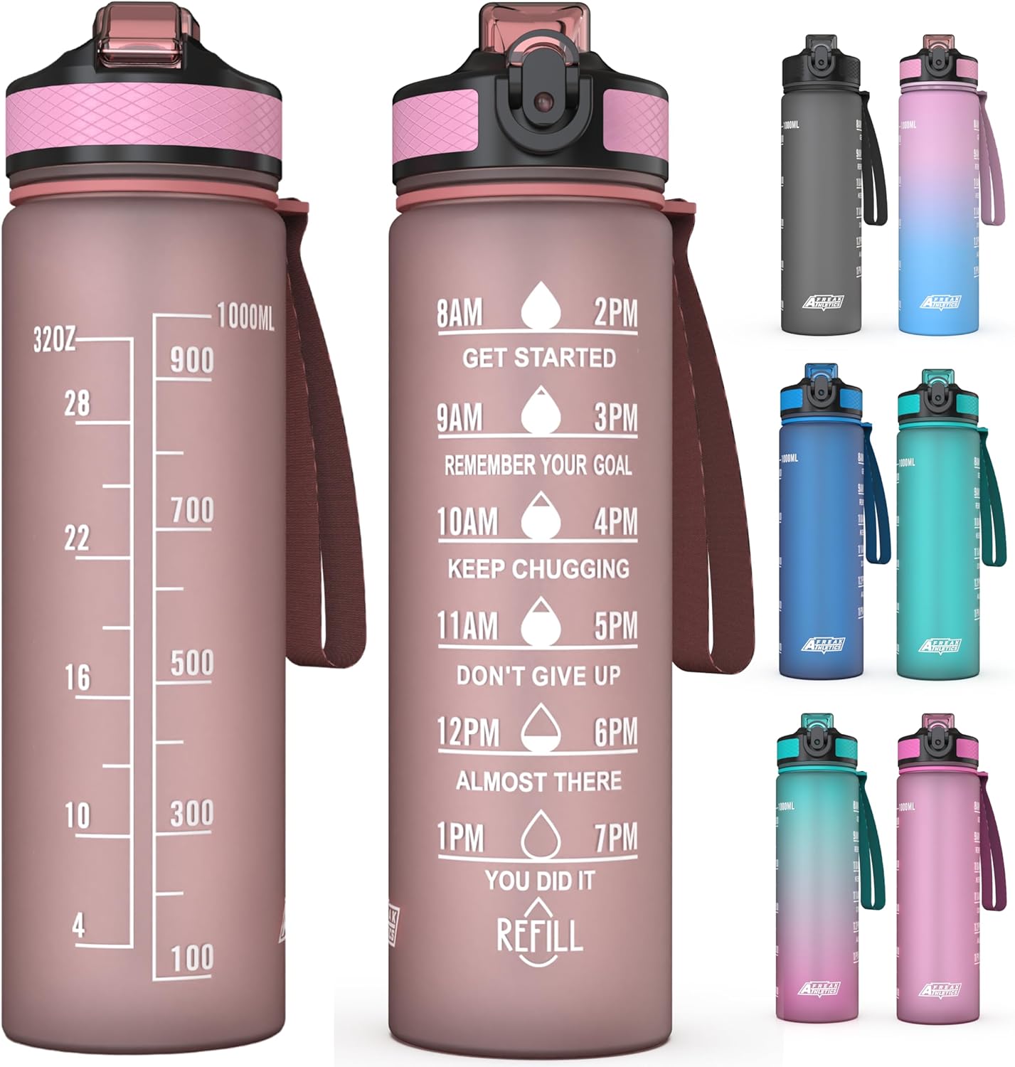 Freak Athletics Water Bottle 1L - 1 Litre Sports Bottle Leak Proof, Water Bottle w/ Time Markings & Filter, Motivational Sports Water BPA Free Running,cycling, Gym, School & Office (Pink), Rose Pink