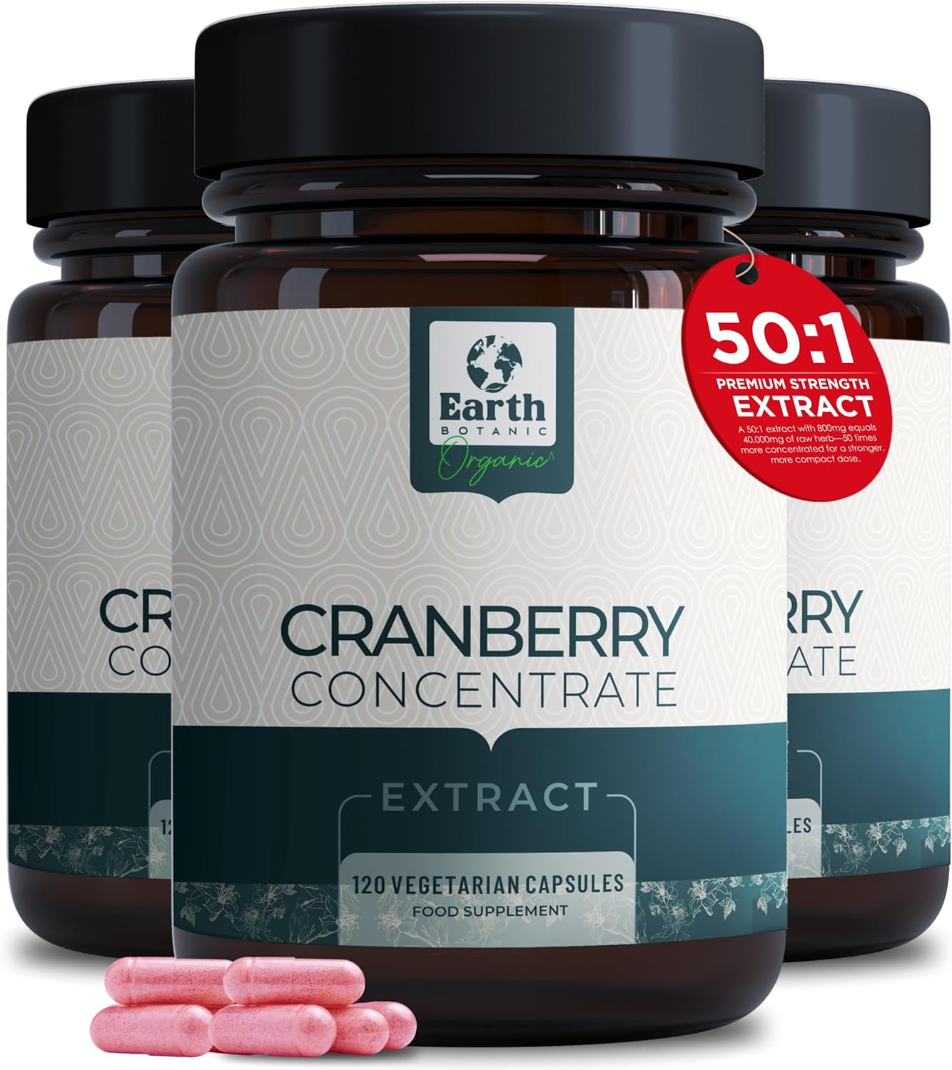 Earth BOTANIC Organic Cranberry Capsules High Strength | 120 Concentrated Pills Cranberry Extract Complex with Vitamin C Supplements