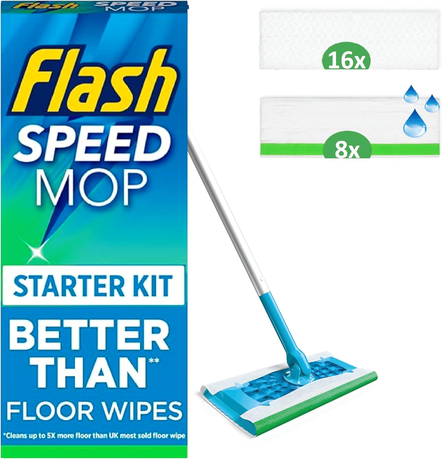 Flash Speedmop Floor Cleaner Starter Kit, Fast Easy & Hygienic (1 Handle + 8 Wet & 16 Dry Refills), Trap & Lock Daily Dirt, Grease & Grime Without Getting Down On Your Knees