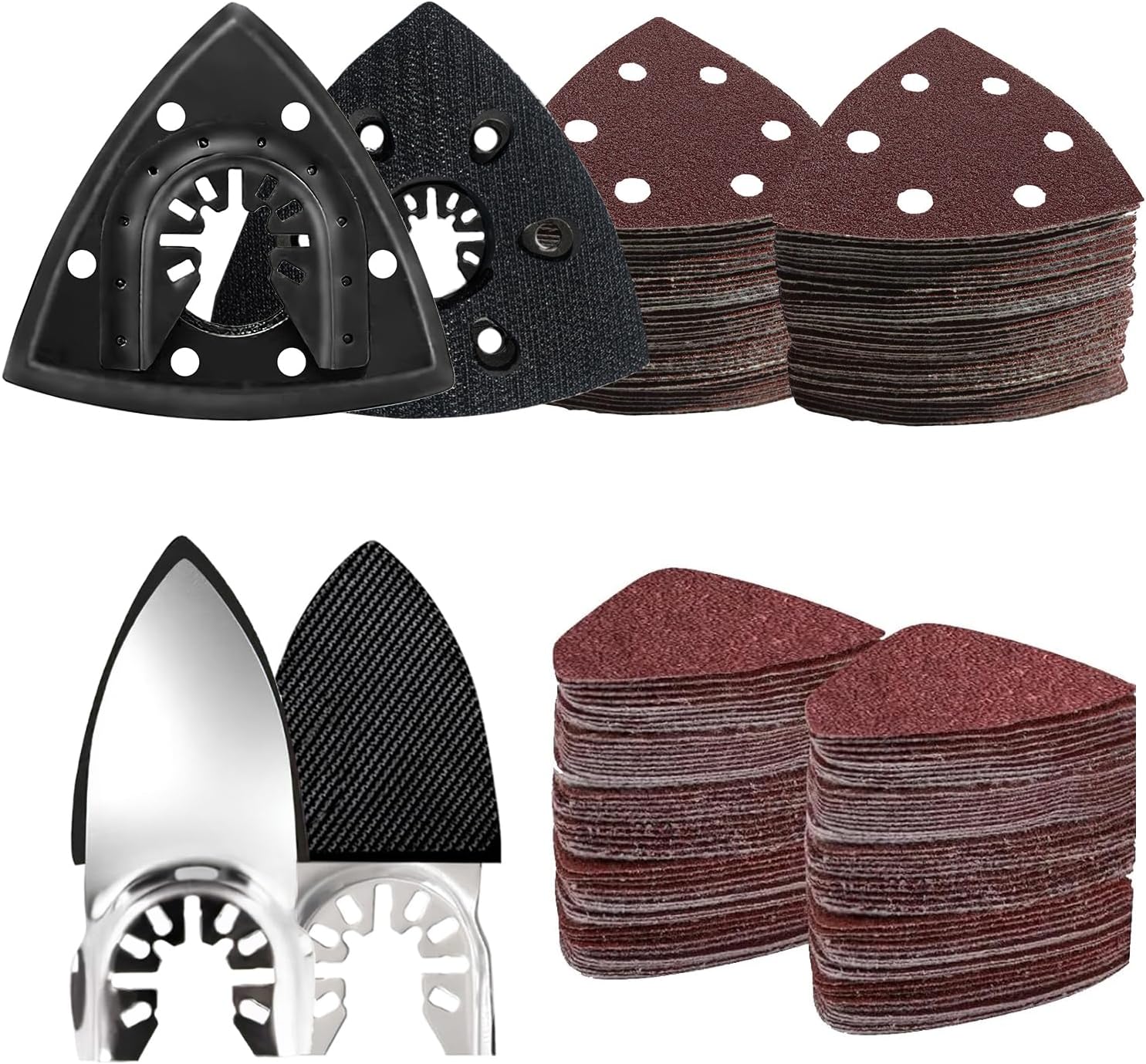 LEILUO 127 Pcs Multi Tool Sanding Pad Kit 2Pcs 3-1/2 Inch Triangle Sanding Pads 2Pcs Fingertip Sand Pad 120Pcs Sandpaper 3Pcs Adapters Compatible with DeWalt Dremel Milwaukee and More