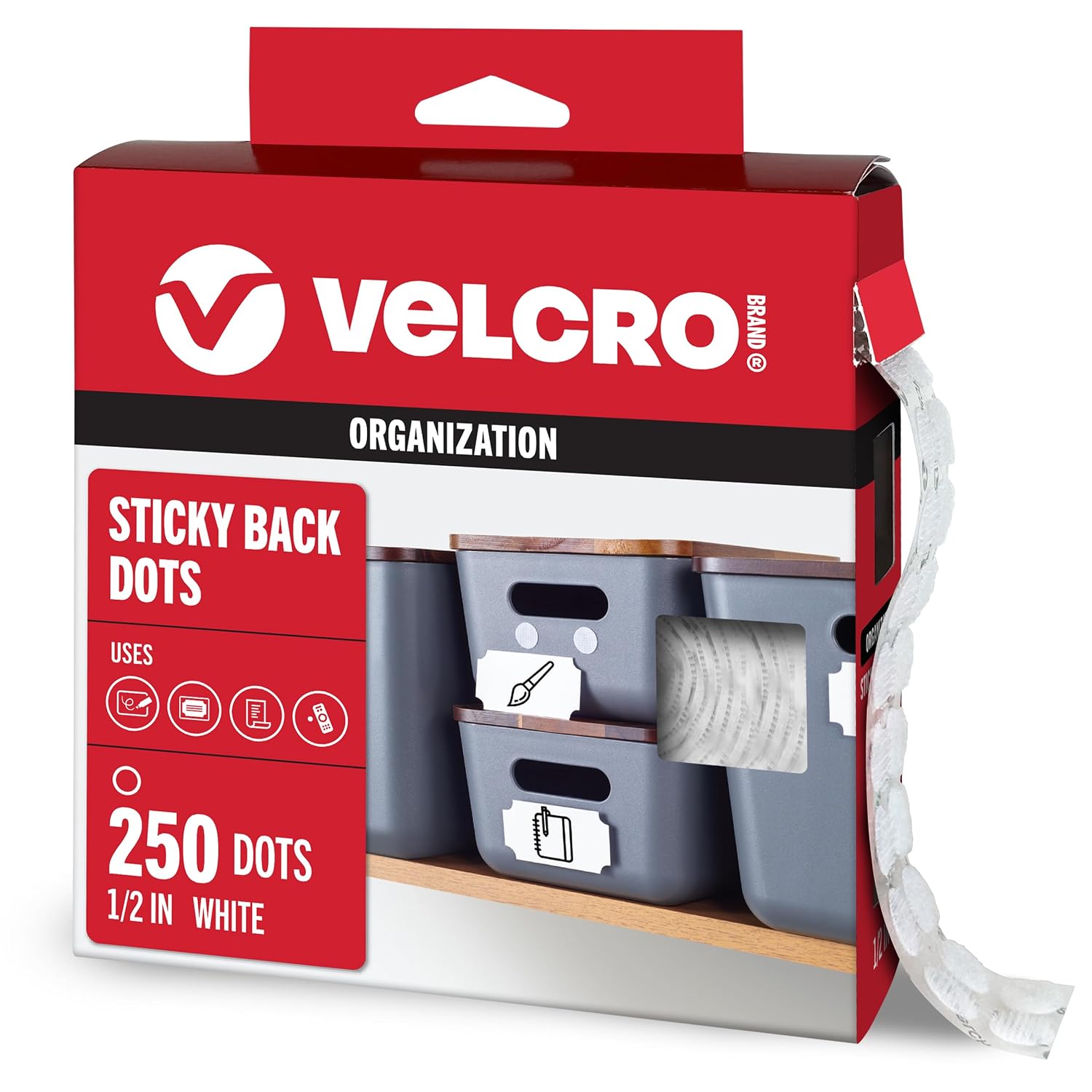VELCRO Brand Dots with Adhesive, White, Small 1/2 in Circles, 250 Pk
