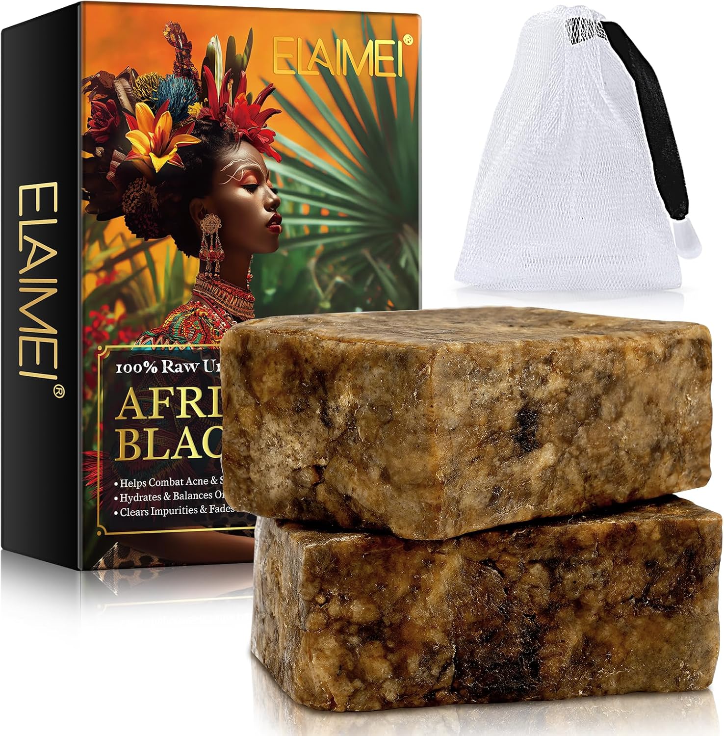 100g Raw African Black Soap Face Body Wash, with Shea Butter -Raw Unrifined, 100% Handmade - Hydrates & Balance Oily Skin, Clear Impurities, Fades Dark Spots - Vitamin E, Sodium - 2pc