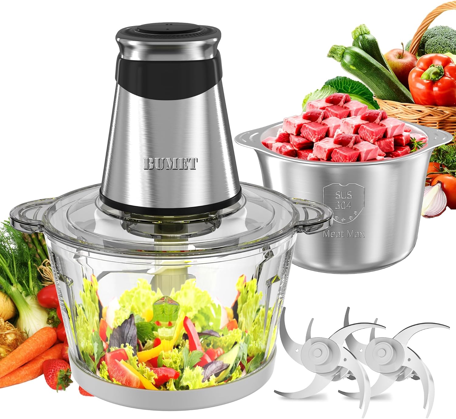 Electric food processor vegetable chopper 500W 2x8cup bowls 2 bi-layer 4 blades Small Food chopper Electric Meat grinder for home use,Mincing, and Puree for kitchen aid, baby foot, pet food by BUMET