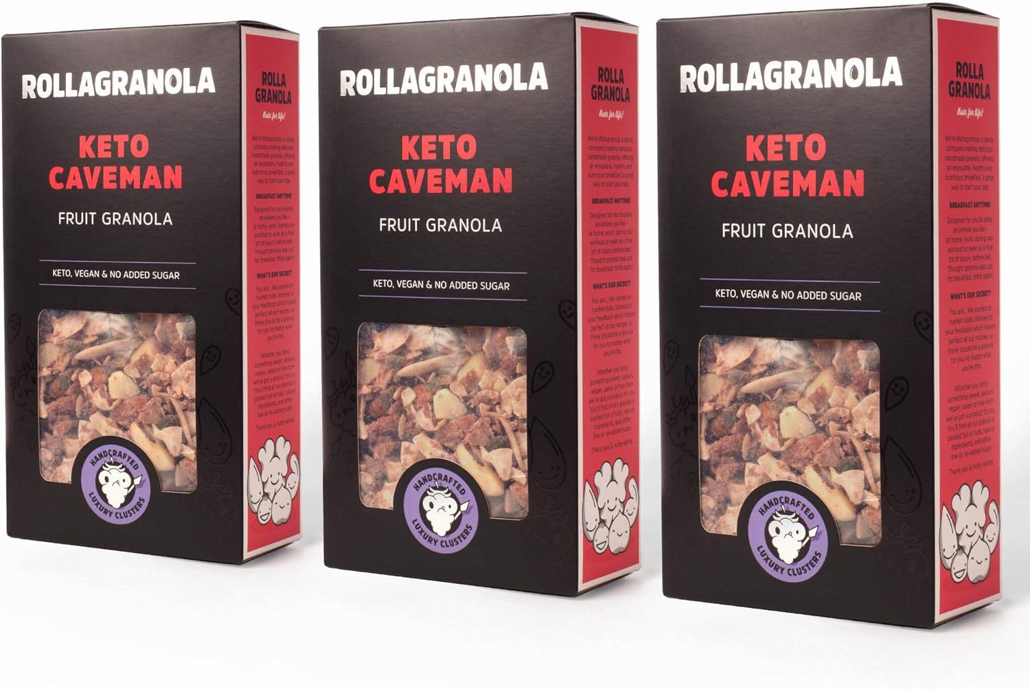 Rollagranola - Keto Caveman, Fruit Granola, 3 x 300g Box - Keto Granola, High Protein, Low Carb, Vegan, Gluten Free & Cereal Free with No Added Sugar, Handcrafted in the UK (3 x 300g)