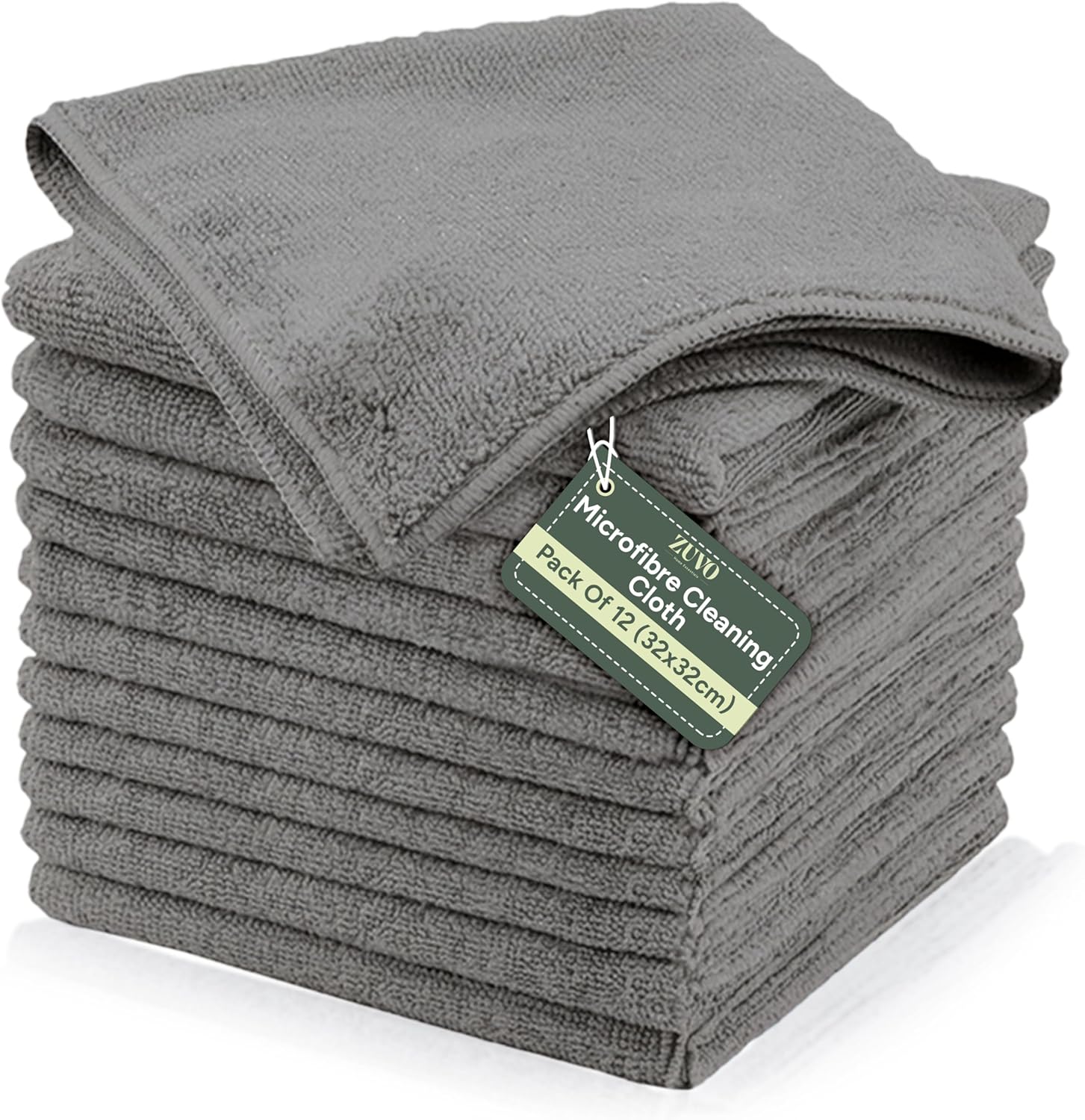 Zuvo Microfibre Cloth Pack of 12 (32x32 cm) - Ultra-soft, Highly Absorbent, Lint-free Cleaning Rags Reusable Large Cloths For Home, Office, Car Care, And Glass In Grey